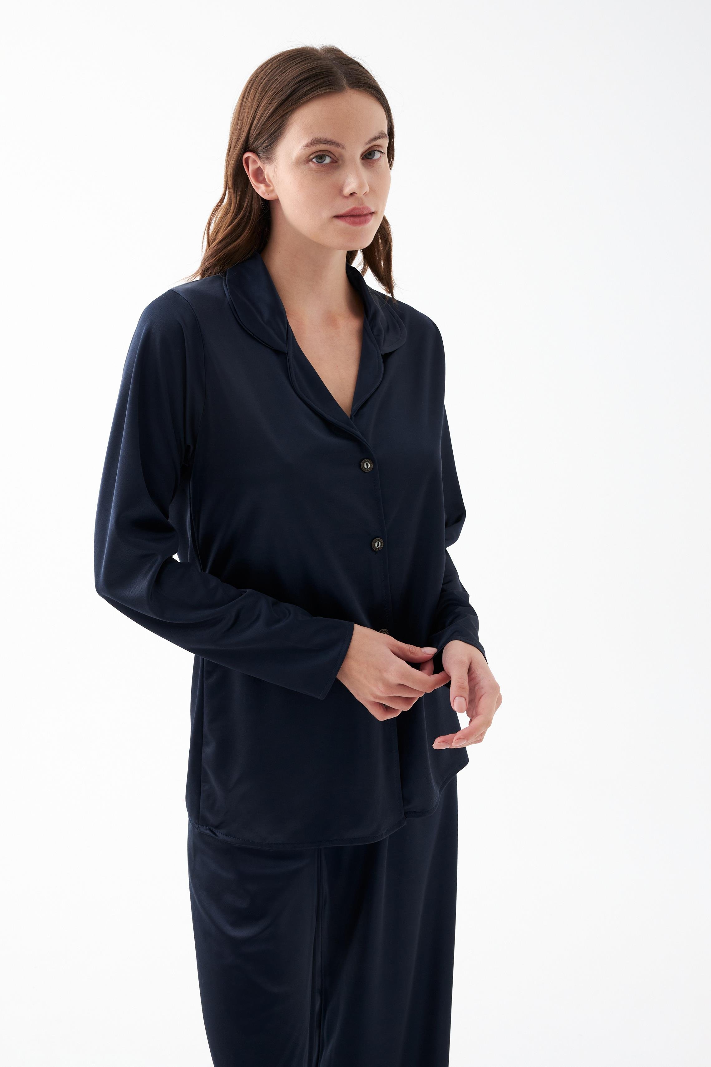 Akbeniz Kadın Lacivert Oversize Saten Pijama Takımı