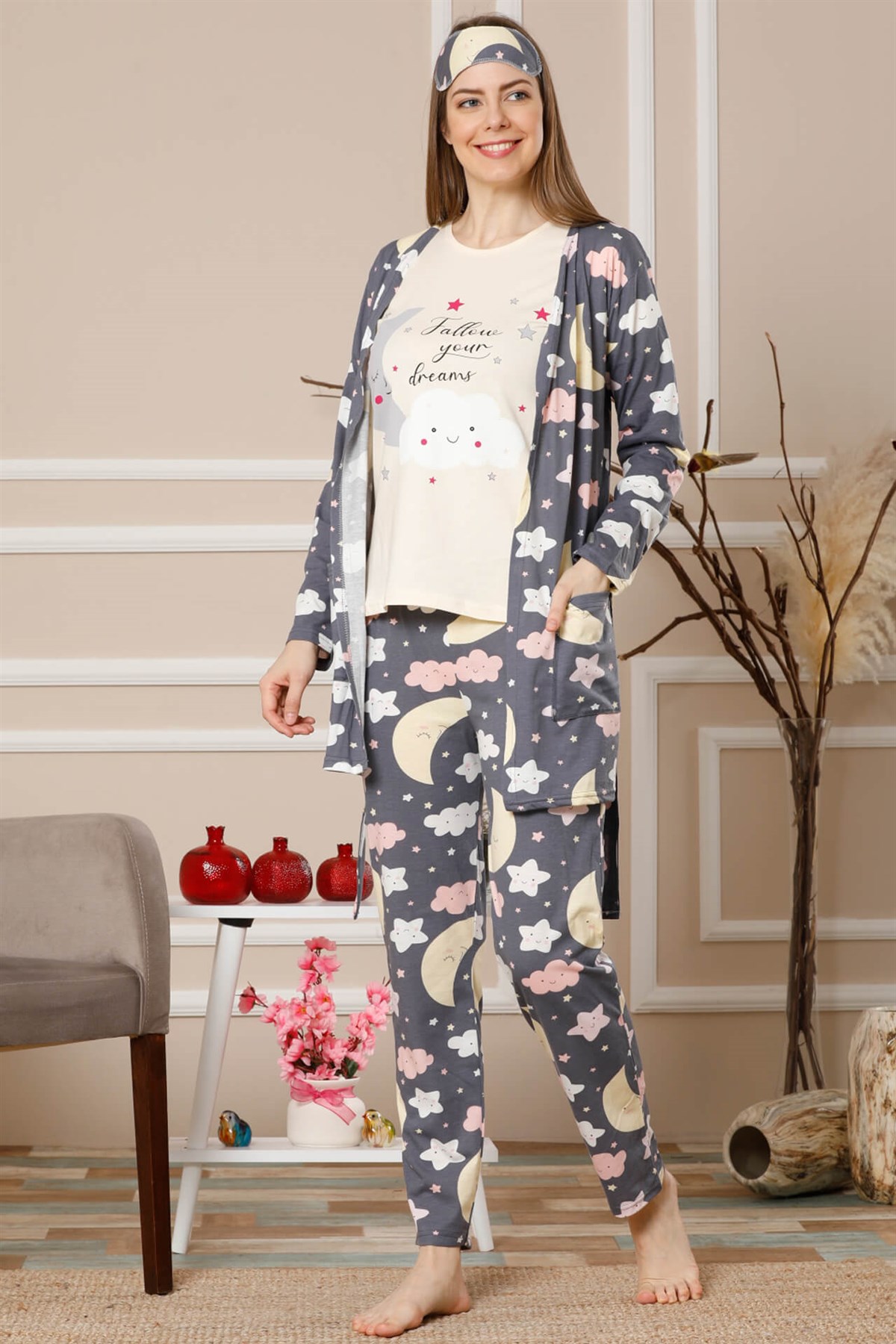 Akbeniz Kadın Lacivert Renk Pamuklu Cepli 3'lü Pijama Takım 1115