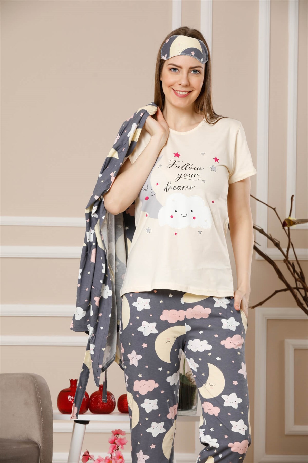 Akbeniz Kadın Lacivert Renk Pamuklu Cepli 3'lü Pijama Takım 1115