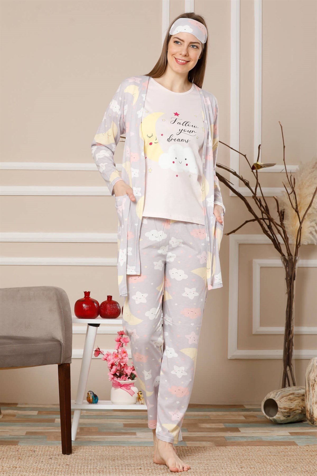 Akbeniz Kadın Lila Renk Pamuklu Cepli 3'lü Pijama Takım 1114