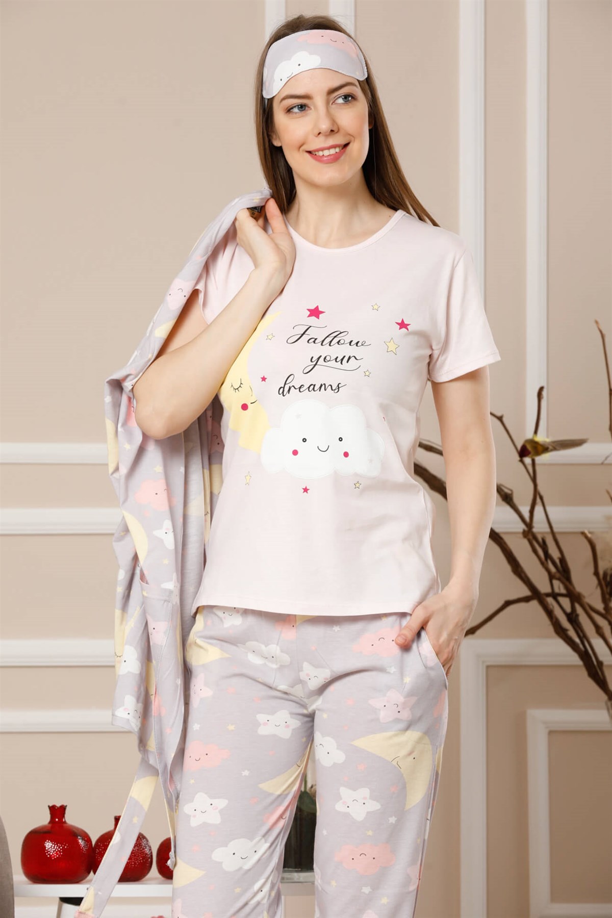 Akbeniz Kadın Lila Renk Pamuklu Cepli 3'lü Pijama Takım 1114