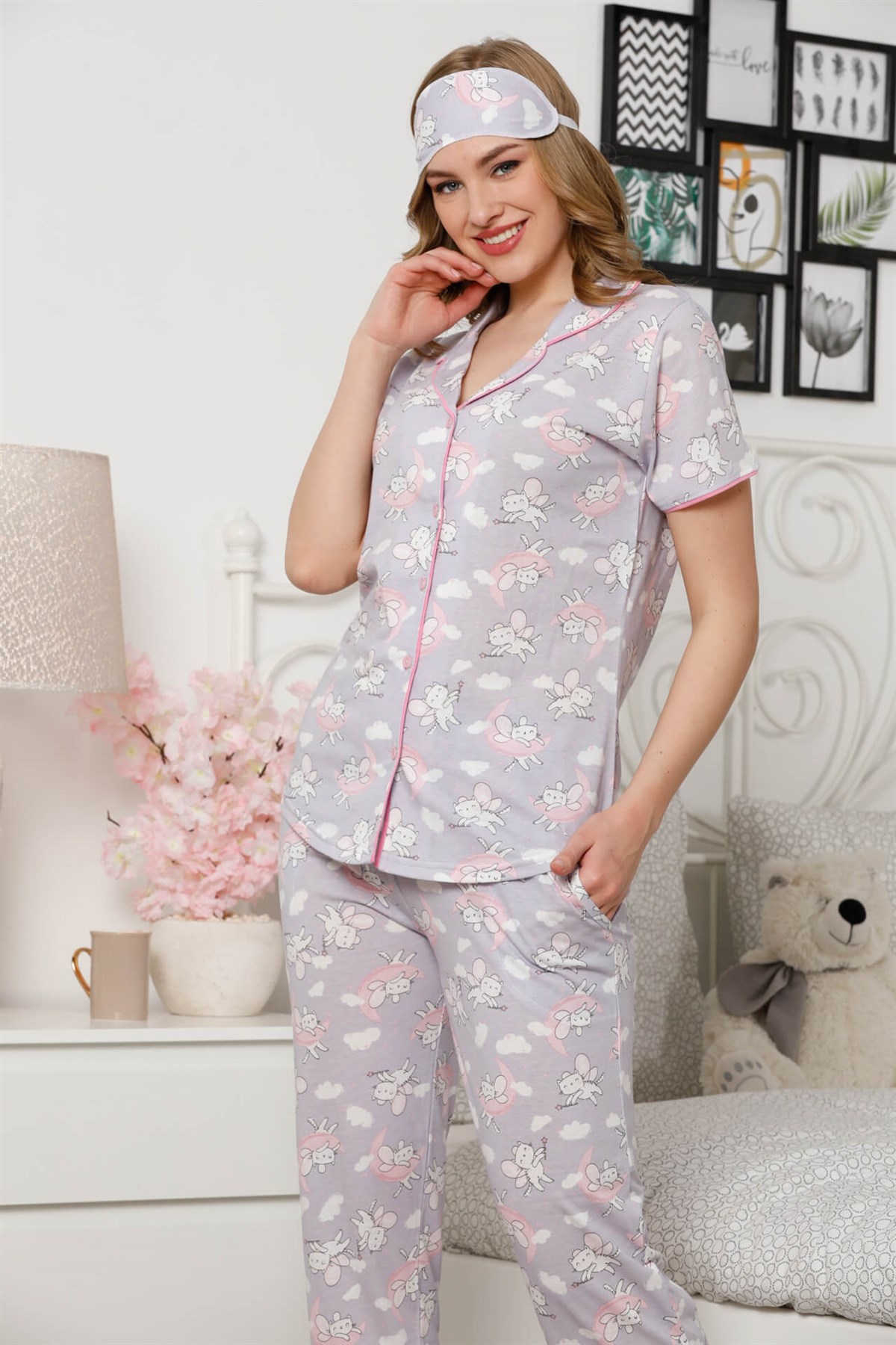 Akbeniz Kadın Lila Renkli Pamuklu Cepli Kısa Kol Pijama Takım 2528