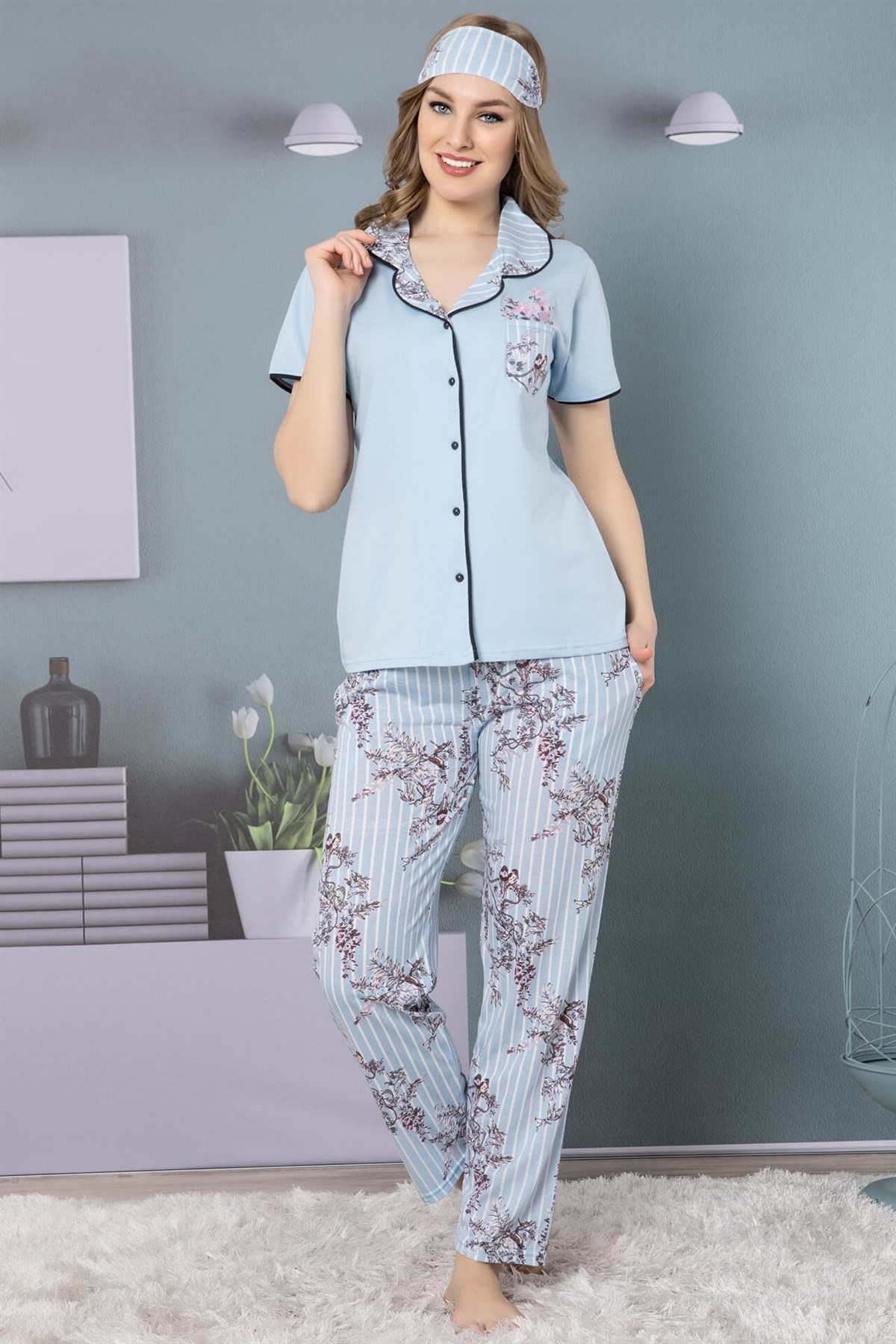 Akbeniz Kadın Mavi Pamuklu Düğmeli Cepli Kısa Kol Pijama Takım 2508