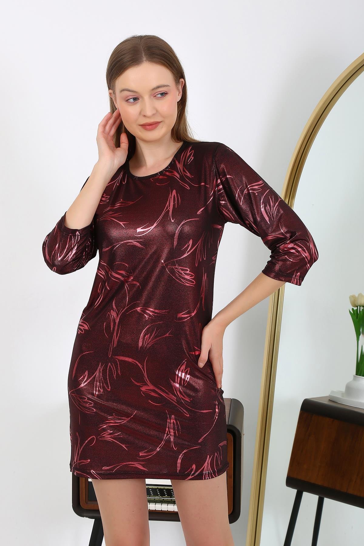 Akbeniz Kadın Micro Kumaş Mini Parlak Elbise 7420 Bordo
