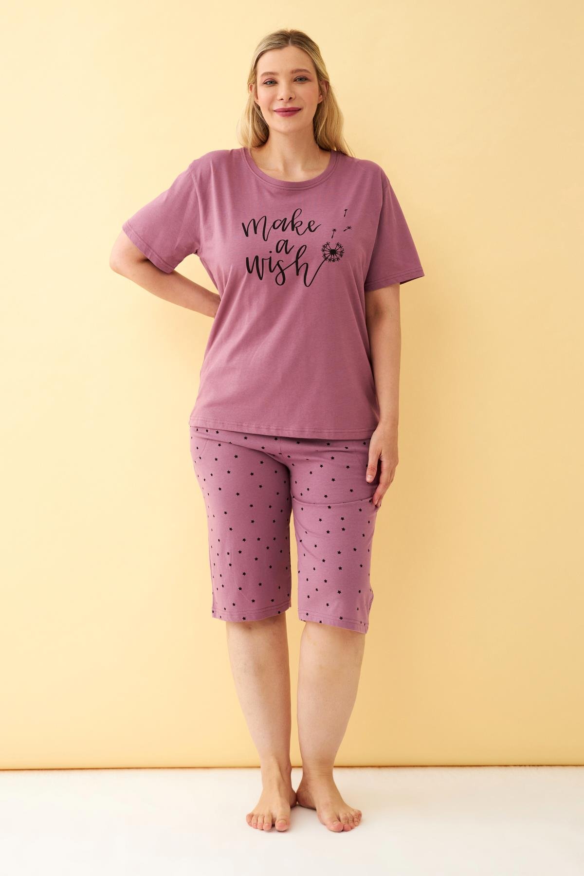 Akbeniz Kadın Mürdüm “Make a Wish” Yazılı Büyük Beden Kapri Pijama Takımı