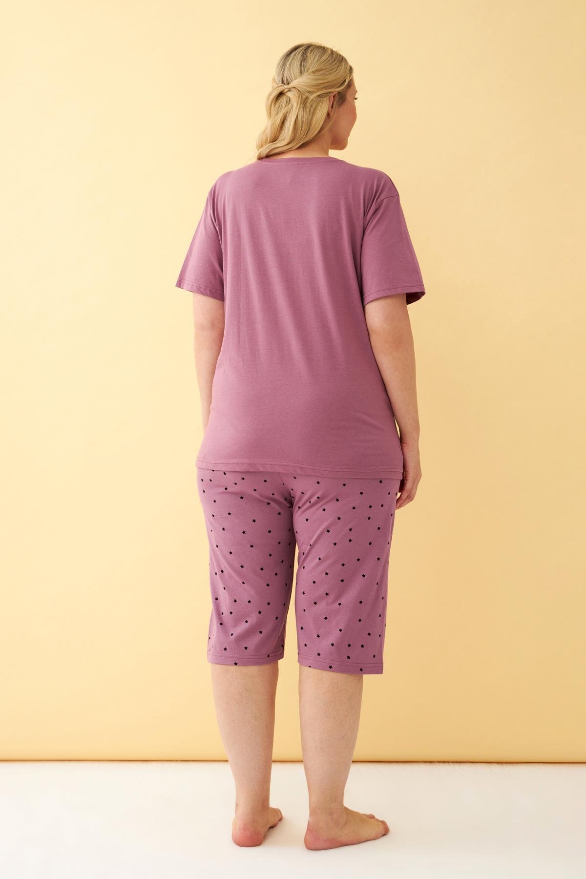 Akbeniz Kadın Mürdüm “Make a Wish” Yazılı Büyük Beden Kapri Pijama Takımı