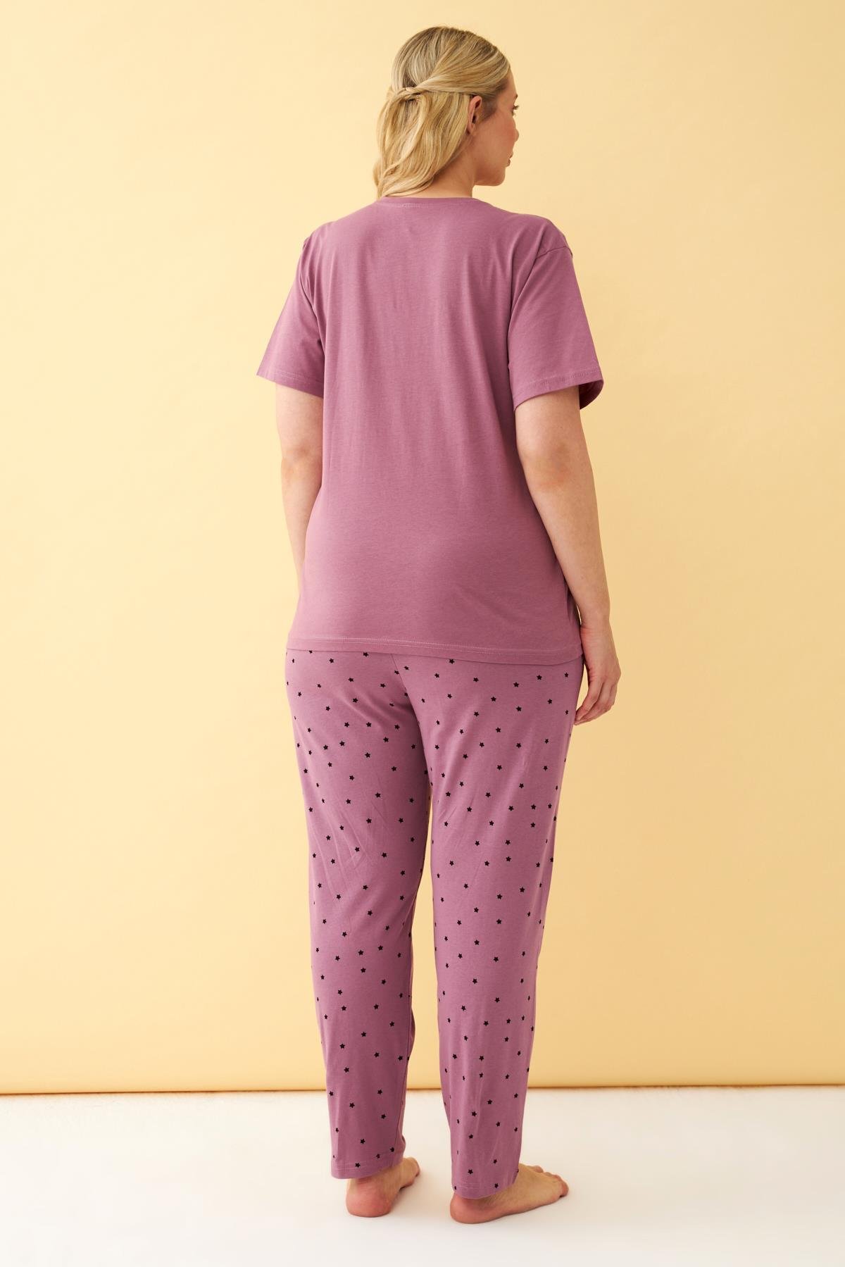 Akbeniz Kadın Mürdüm More Love Yazılı Büyük Beden Pijama Takımı
