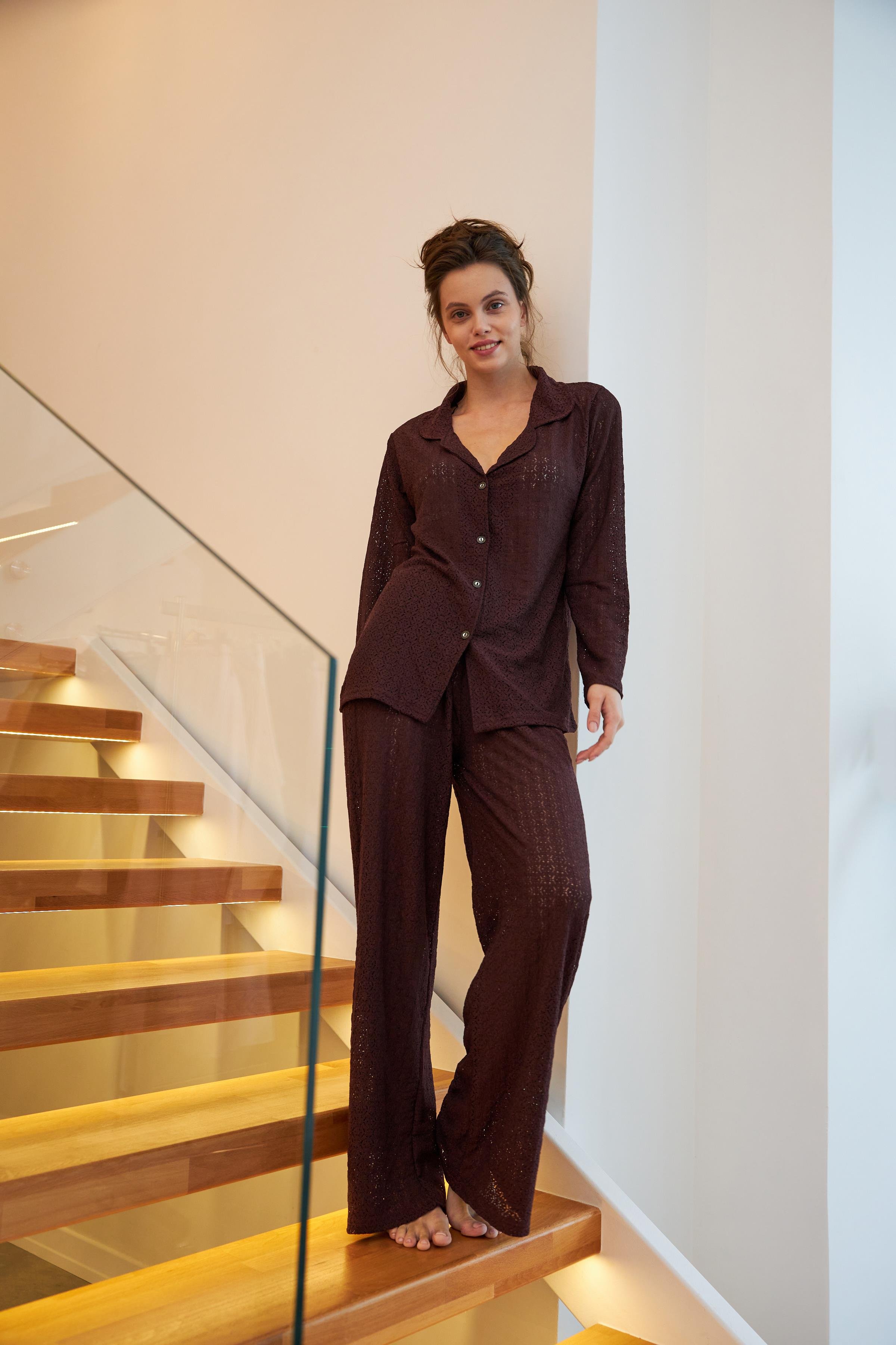 Akbeniz Kadın Mürdüm Önden Düğmeli Rahat Kesim Pijama Takımı