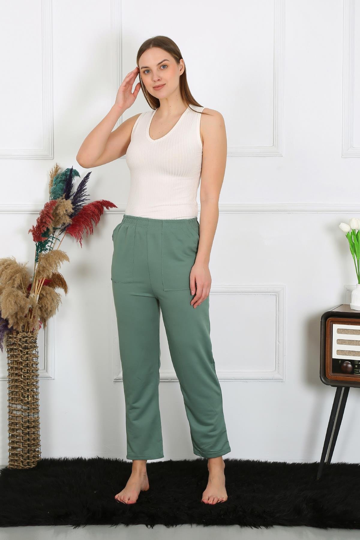 Akbeniz Kadın Pamuk Cepli 3 İplik Alt Eşofman Yeşil 27510