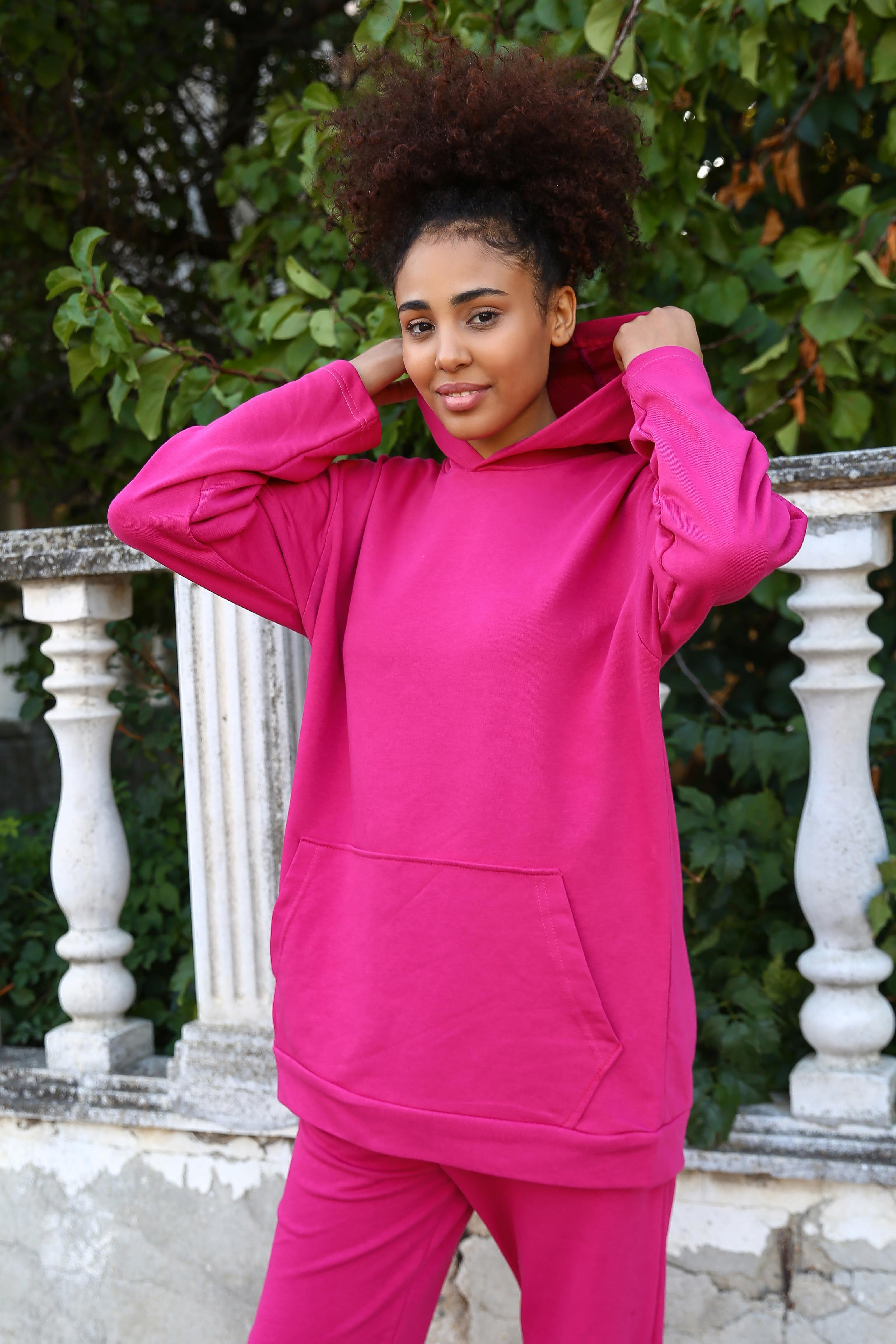 Akbeniz Kadın Pamuk Kapşonlu Cepli 3 İplik Fuşya Eşofman Takım 9037
