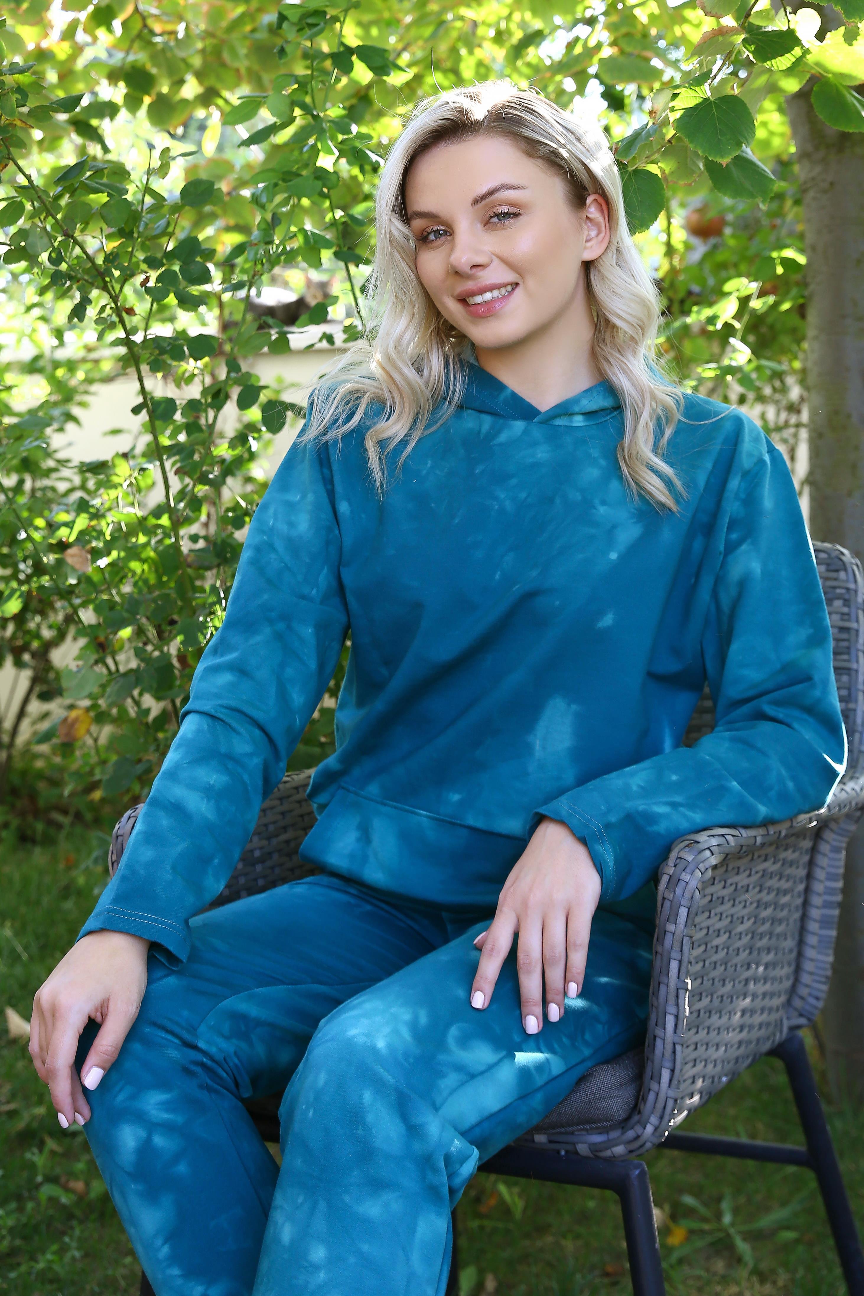 Akbeniz Kadın Pamuk Kapşonlu Cepli 3 İplik Turkuaz Eşofman Takım 9037