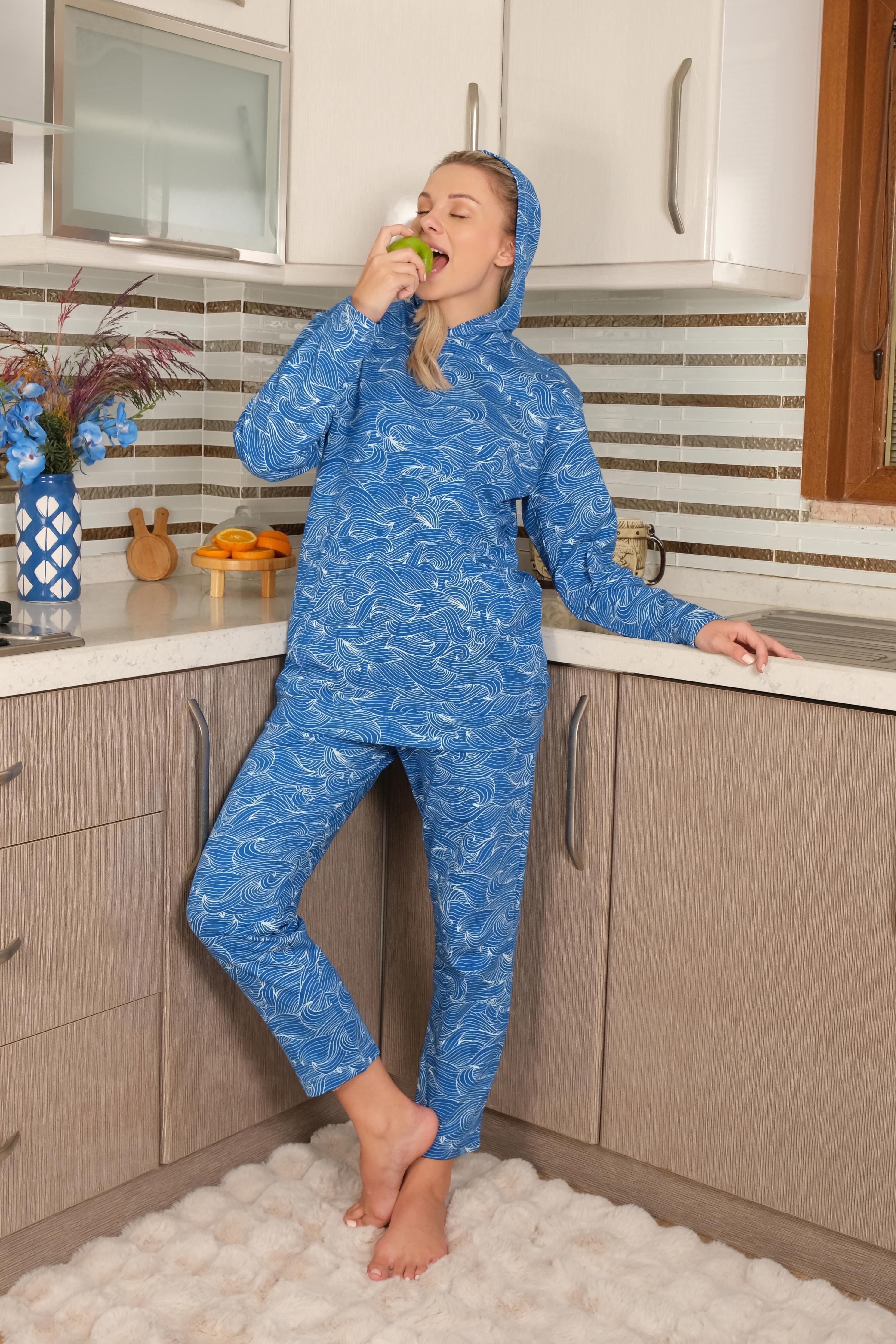 Akbeniz Kadın Pamuk Kapşonlu Cepli 3 İplik Saks Eşofman Takım 9037