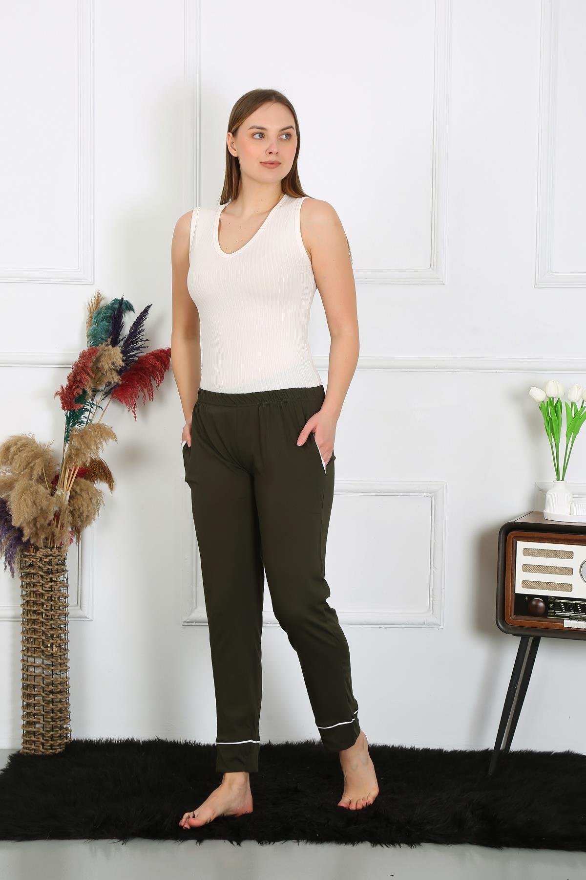 Akbeniz Kadın Pamuk Penye Cepli Tek Alt Pijama Haki 27512