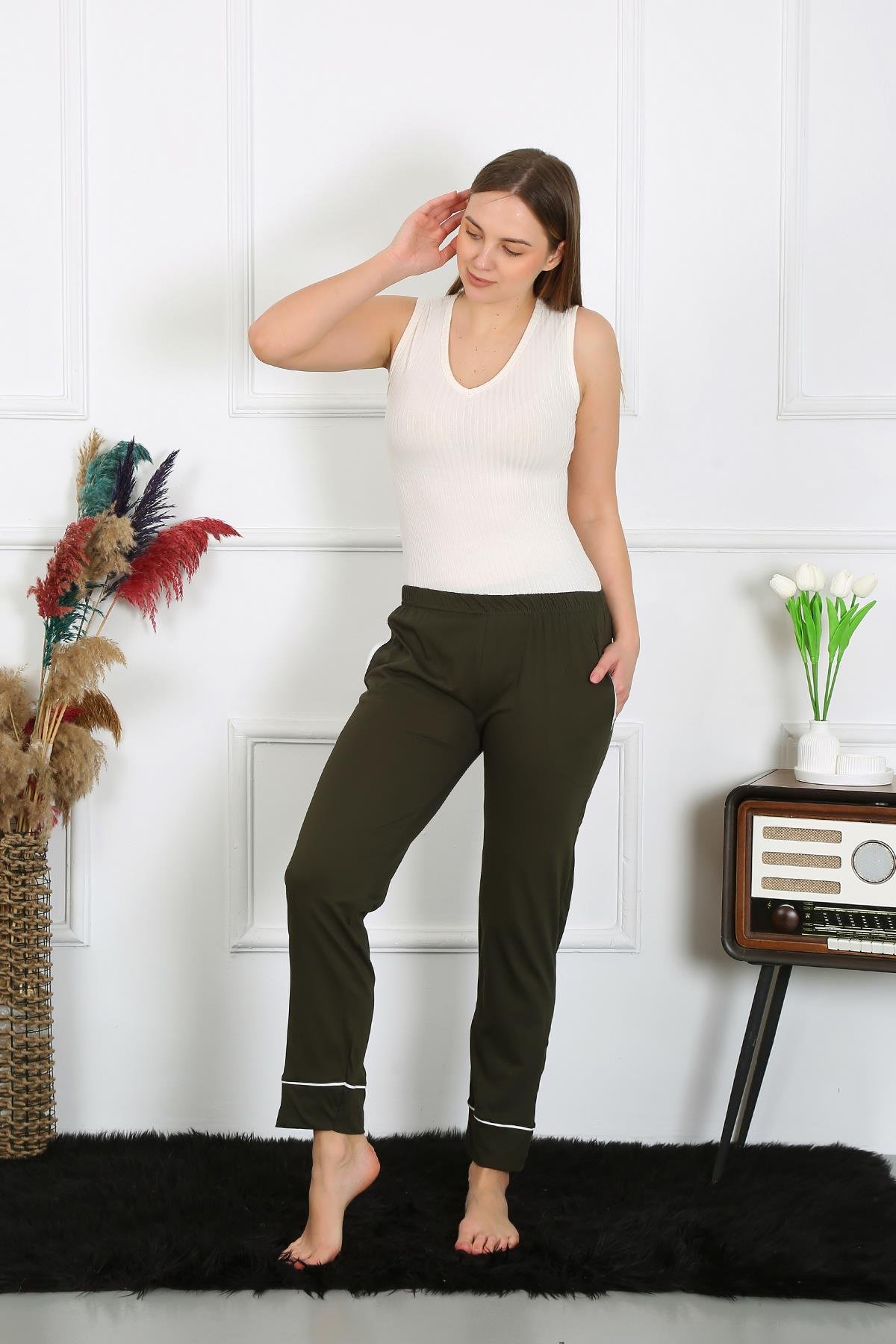 Akbeniz Kadın Pamuk Penye Cepli Tek Alt Pijama Haki 27512