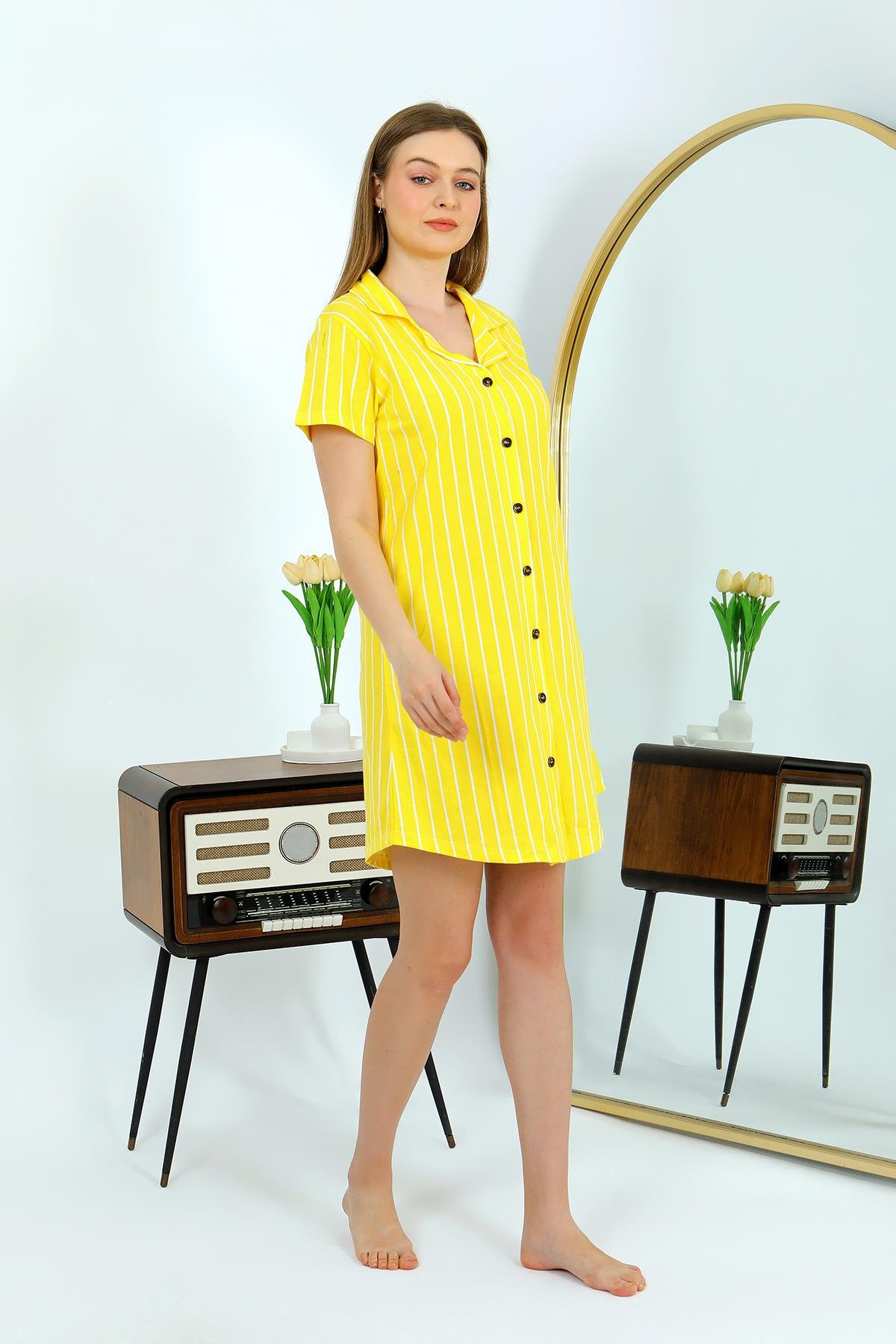 Akbeniz Kadın Pamuk Penye Kısa Kol Düğmeli Sarı Tunik Gecelik 13111