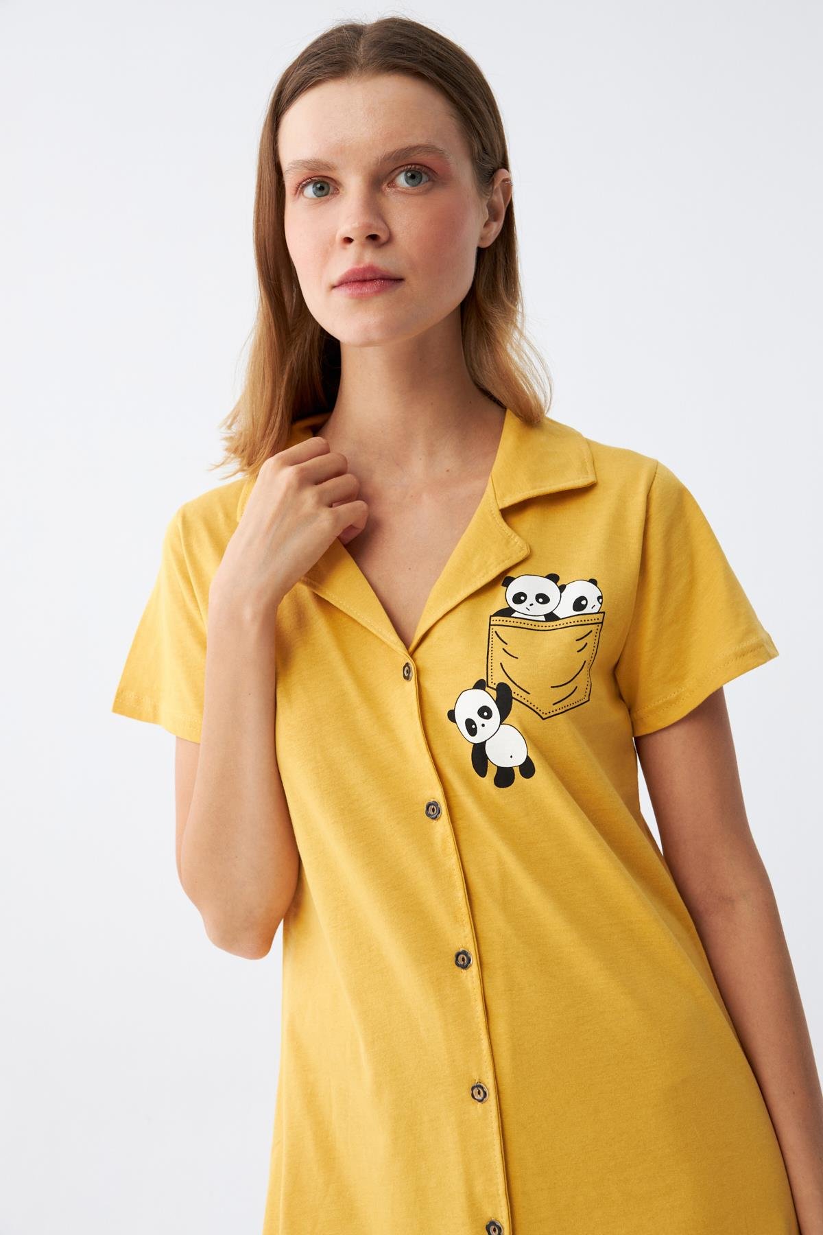 Akbeniz Kadın Pamuk Penye Kısa Kol Düğmeli Sarı Tunik Gecelik 13109