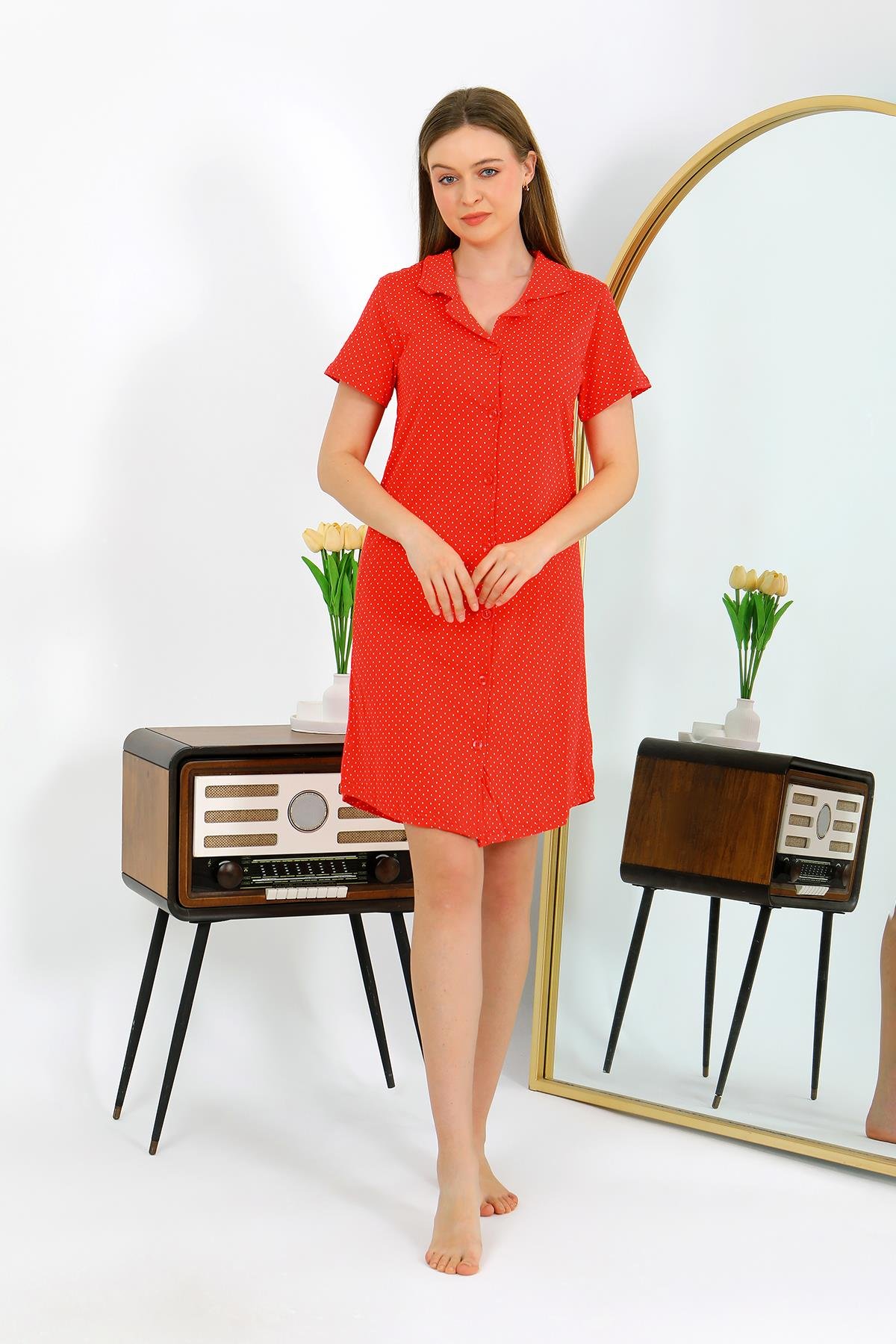 Akbeniz Kadın Pamuk Penye Kısa Kol Düğmeli Kırmızı Tunik Gecelik 13112