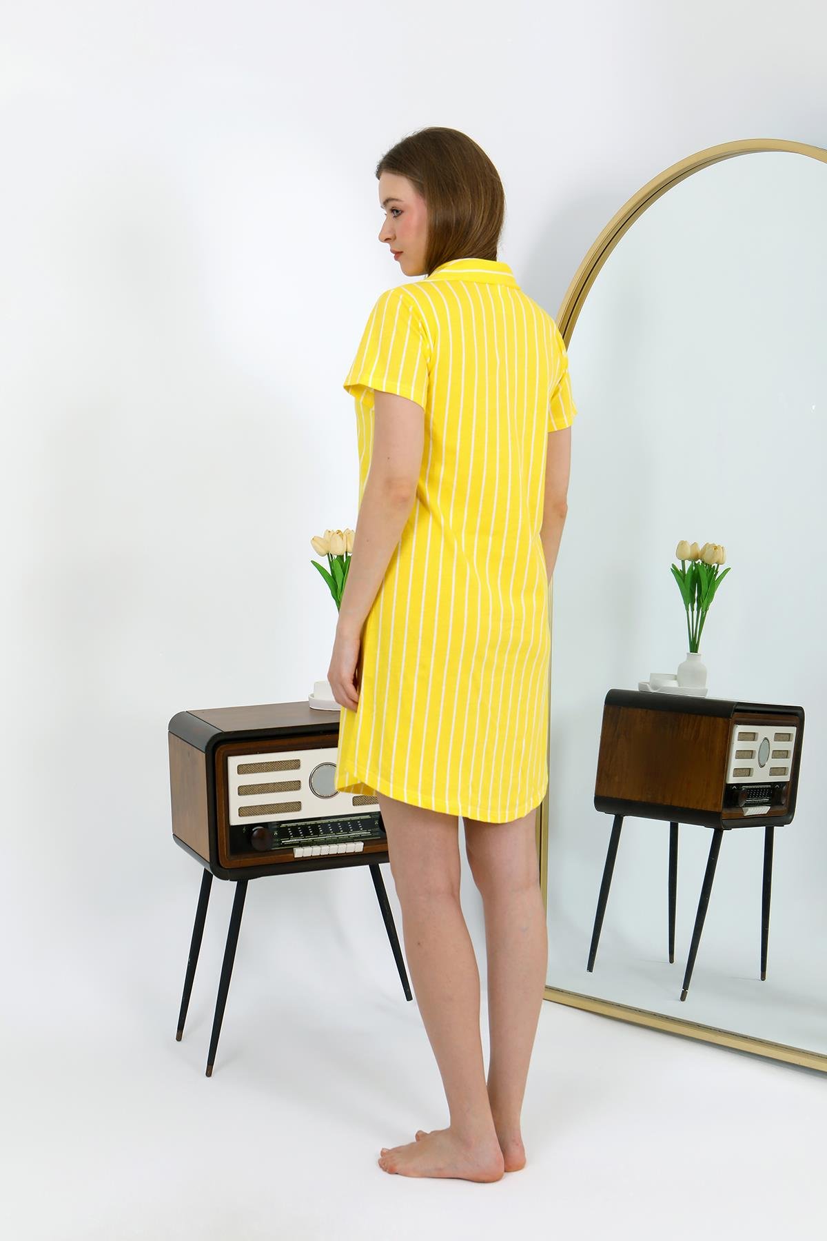 Akbeniz Kadın Pamuk Penye Kısa Kol Düğmeli Sarı Tunik Gecelik 13111