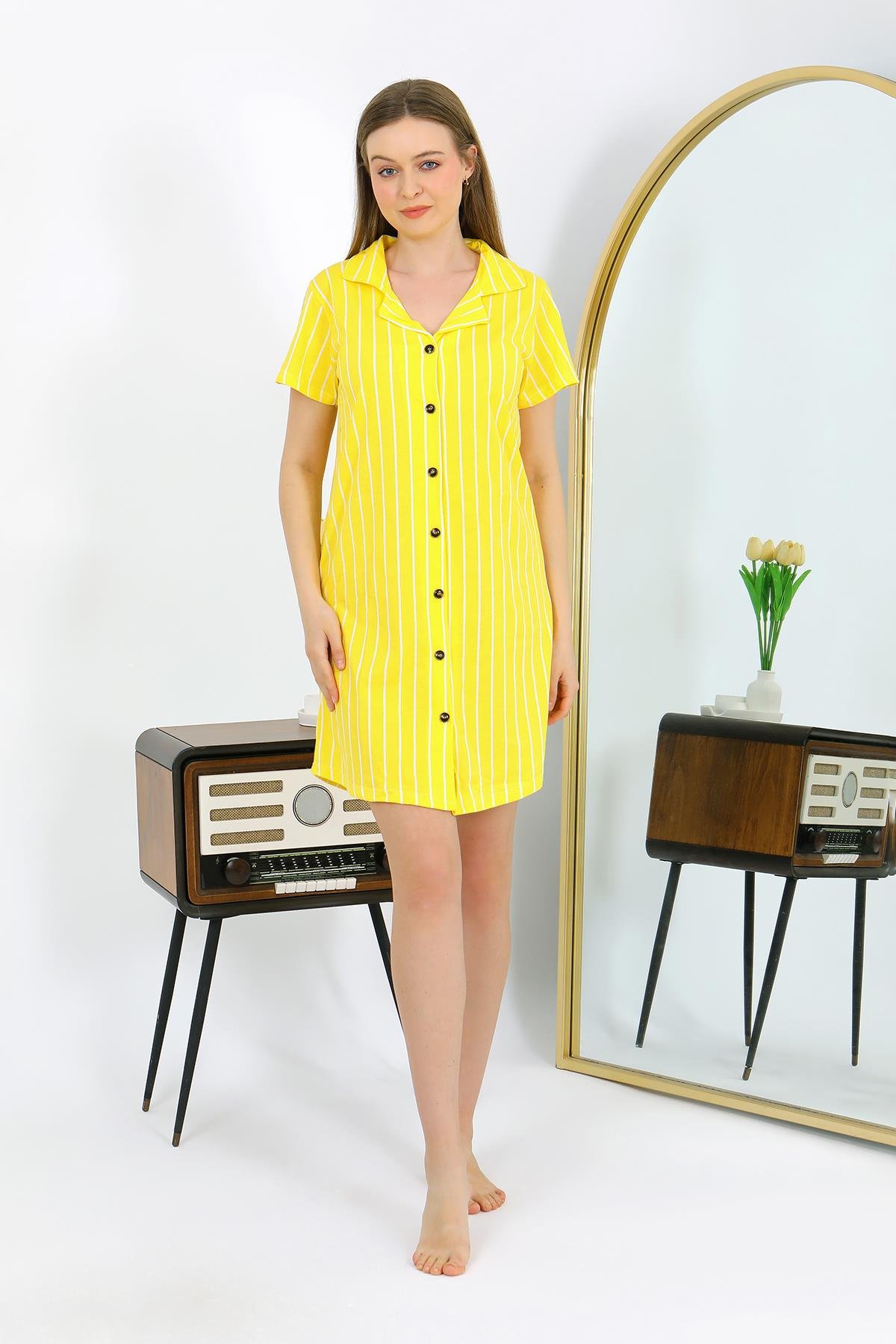 Akbeniz Kadın Pamuk Penye Kısa Kol Düğmeli Sarı Tunik Gecelik 13111