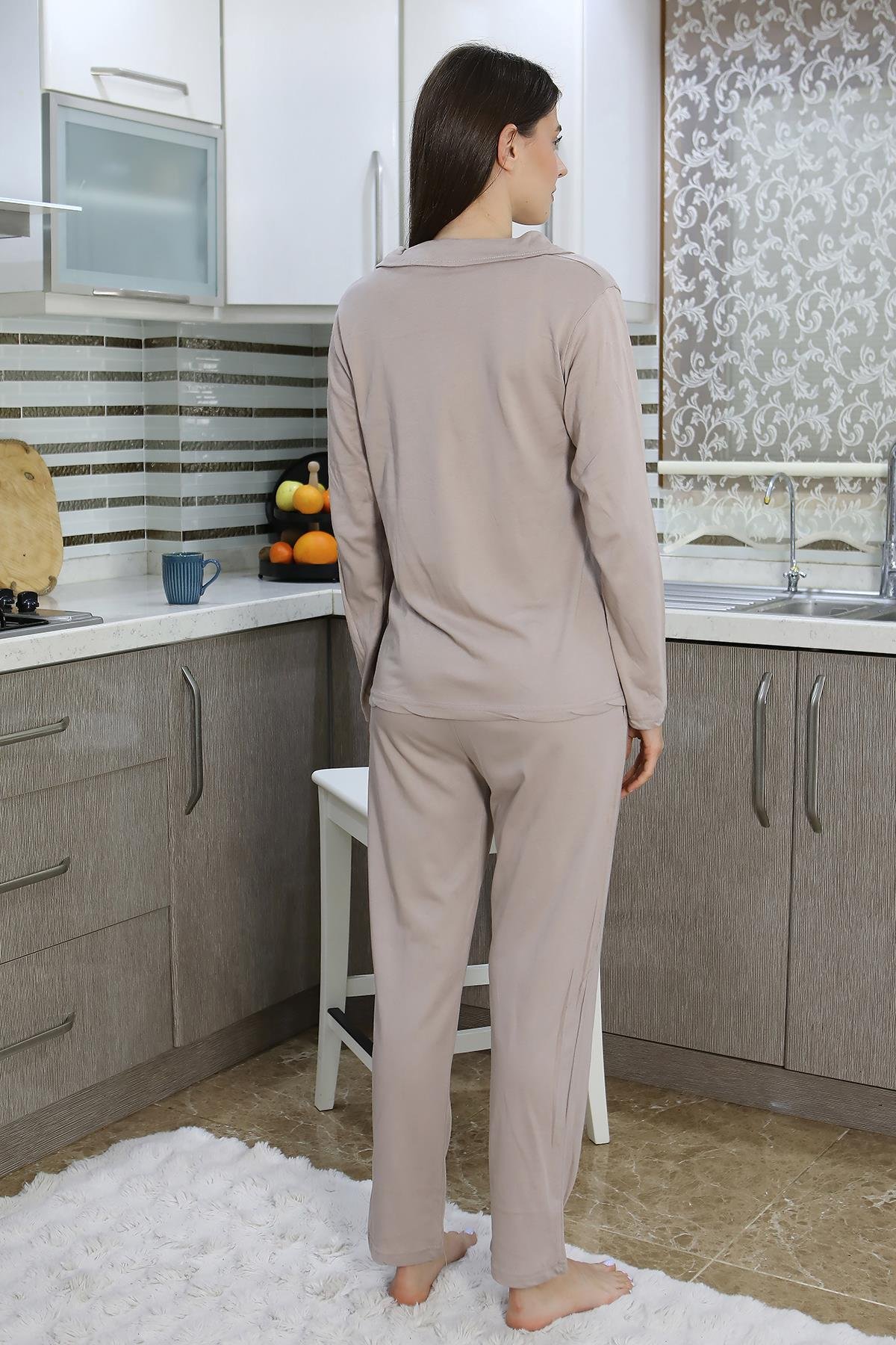Akbeniz Kadın Pamuk Penye Önden Düğmeli Uzun Kol Pijama Takım Vizon 2783