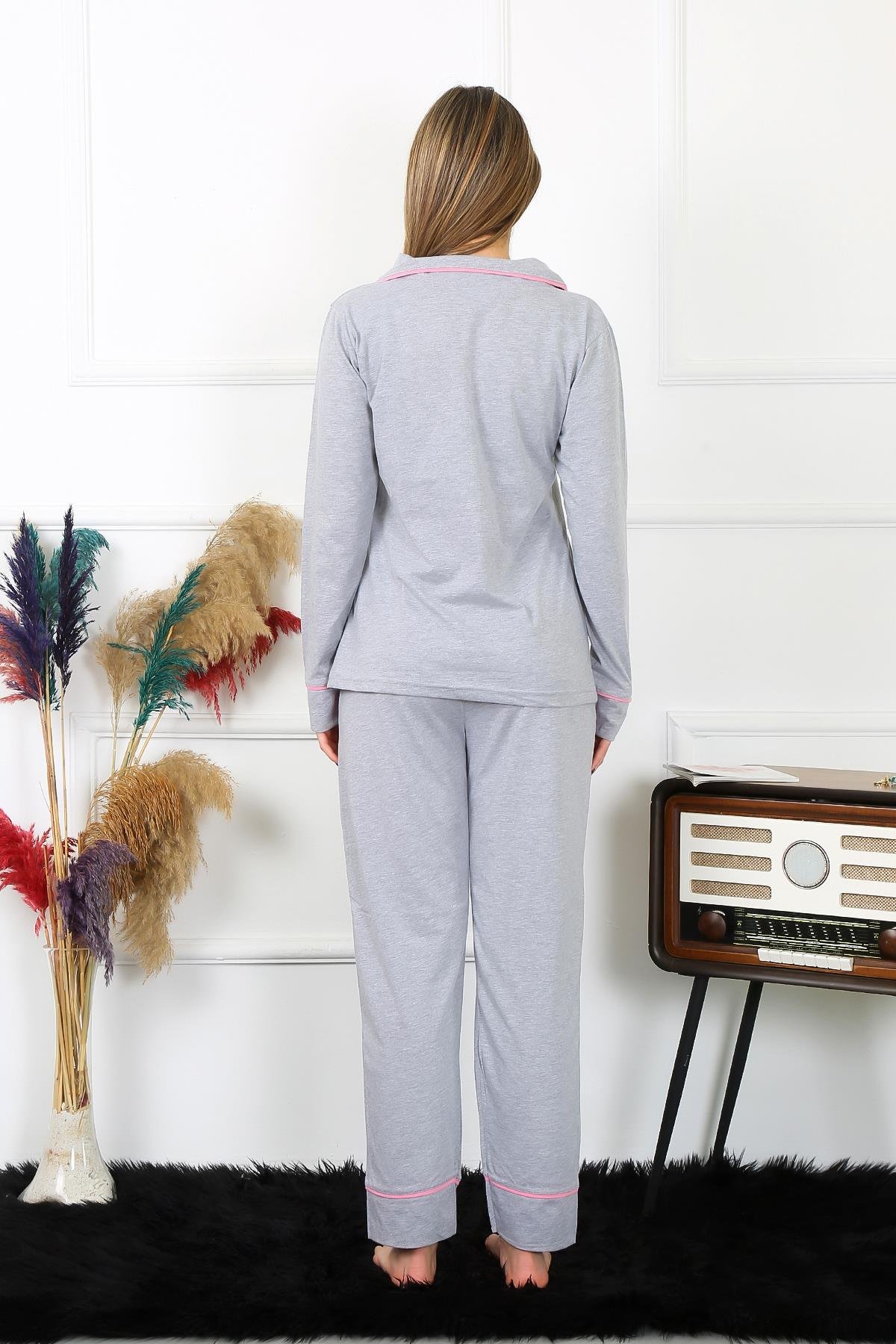 Akbeniz Kadın Pamuk Penye Önden Düğmeli Uzun Kol Gri Pijama Takım 2782