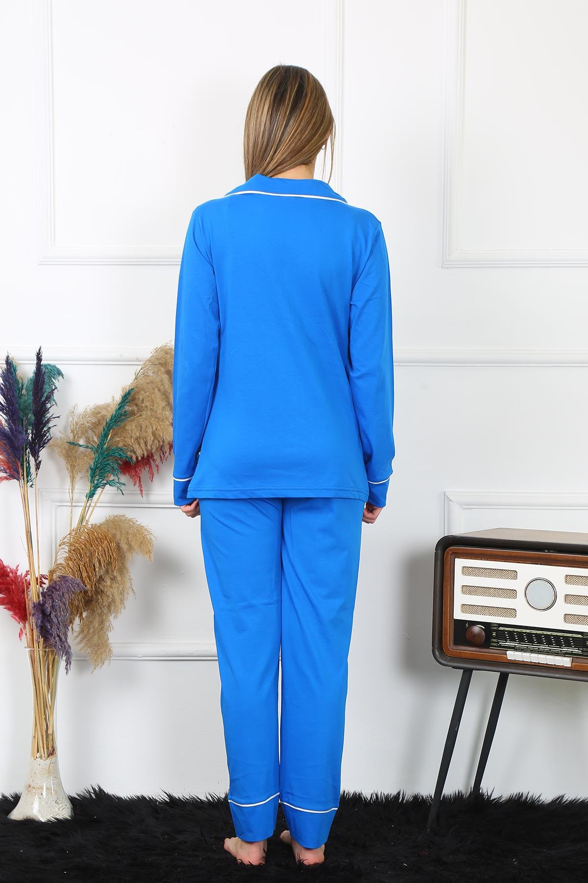 Akbeniz Kadın Pamuk Penye Önden Düğmeli Uzun Kol Saks Pijama Takım 2782