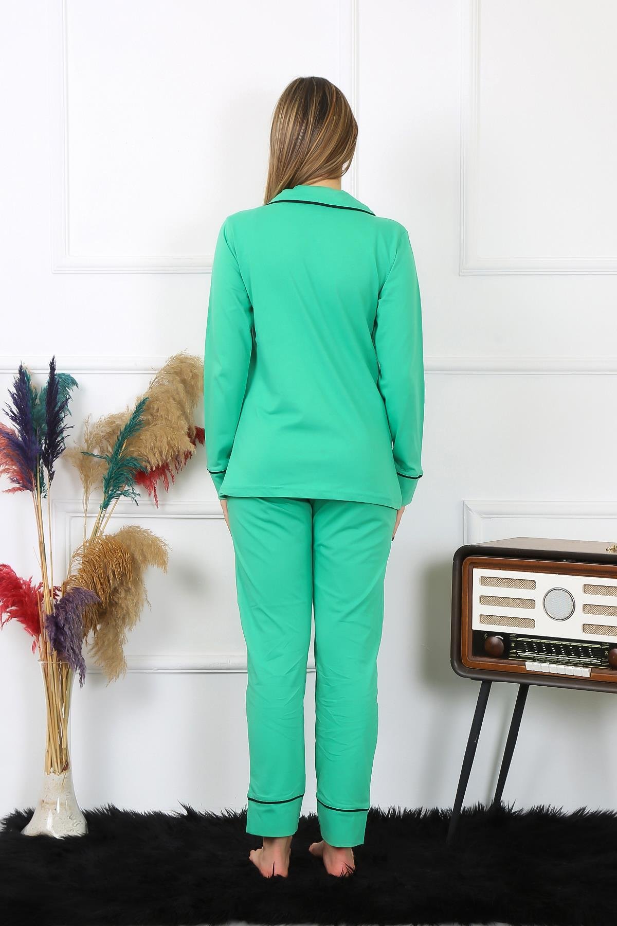 Akbeniz Kadın Pamuk Penye Önden Düğmeli Uzun Kol Yeşil Pijama Takım 2782