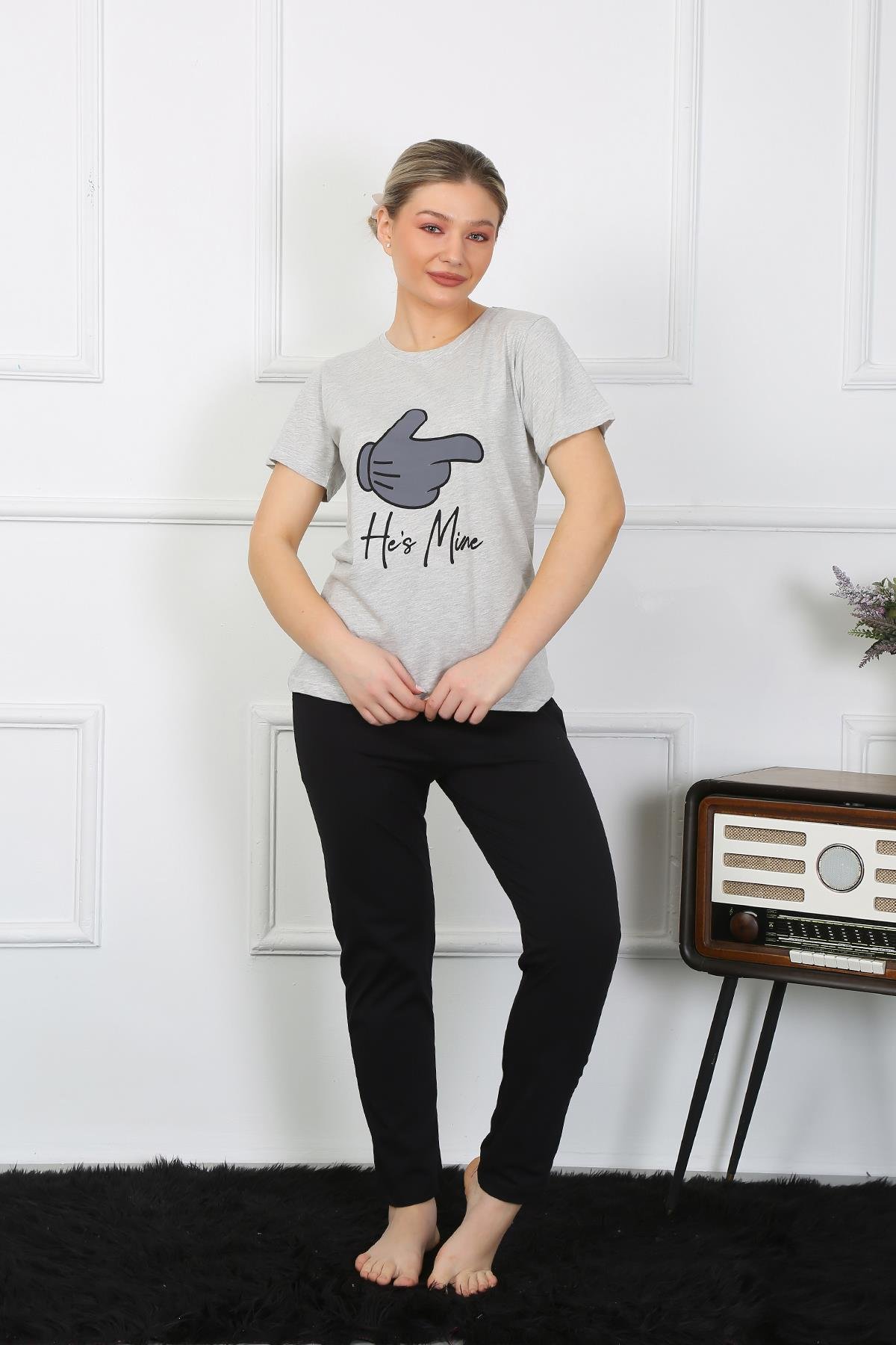 Akbeniz Kadın Pamuk Penye Sevgili Kombini Pijama Takımı Gri 50126 Tek Takım Fiyatıdır