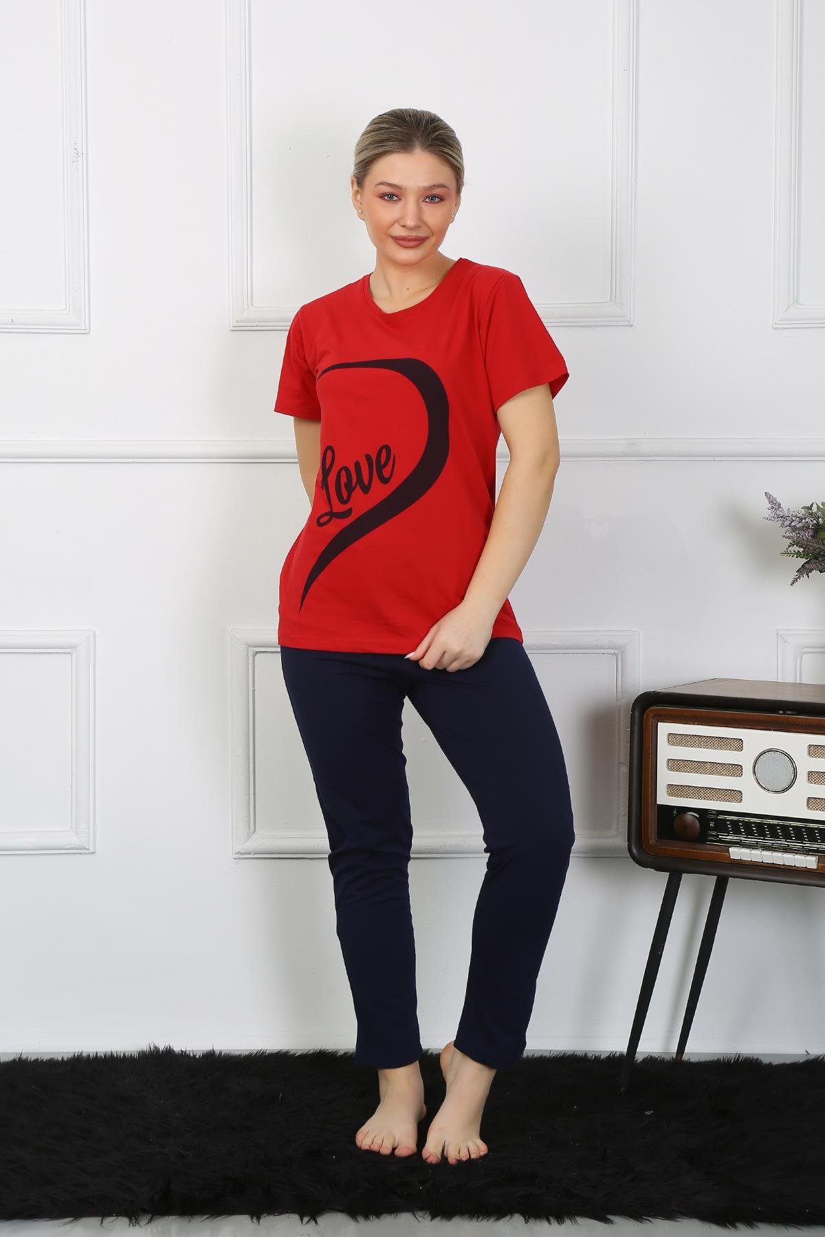 Akbeniz Kadın Pamuk Penye Sevgili Kombini Pijama Takımı Kırmızı 50128 Tek Takım Fiyatıdır