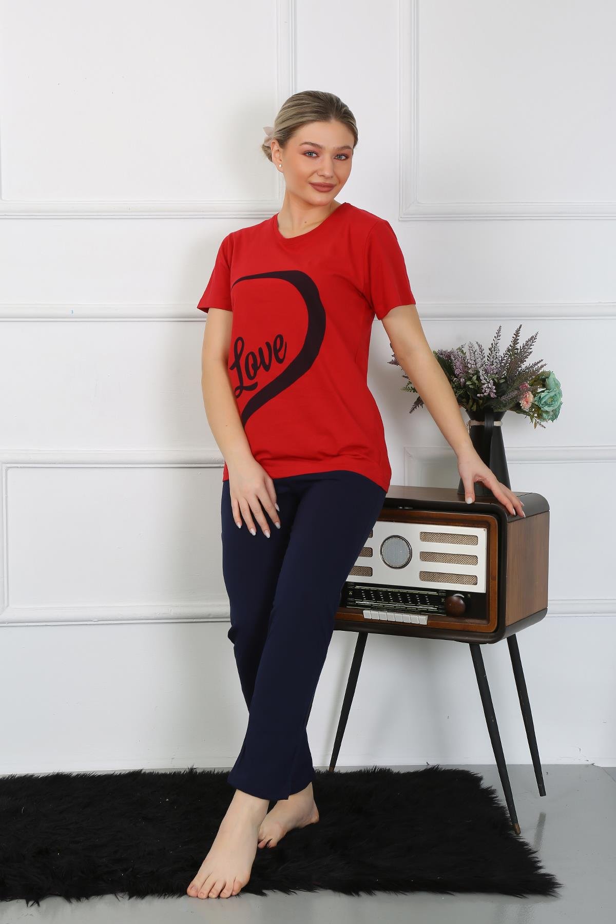 Akbeniz Kadın Pamuk Penye Sevgili Kombini Pijama Takımı Kırmızı 50128 Tek Takım Fiyatıdır