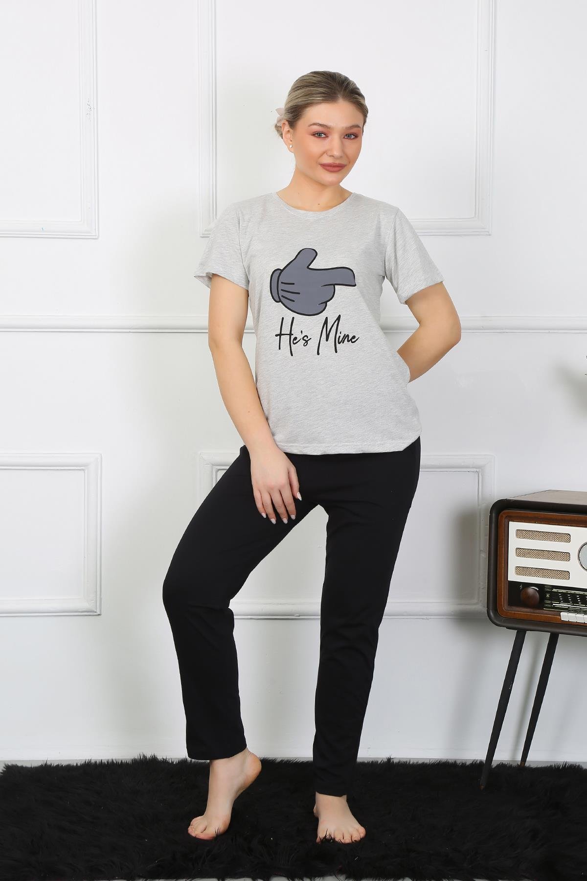 Akbeniz Kadın Pamuk Penye Sevgili Kombini Pijama Takımı Gri 50126 Tek Takım Fiyatıdır