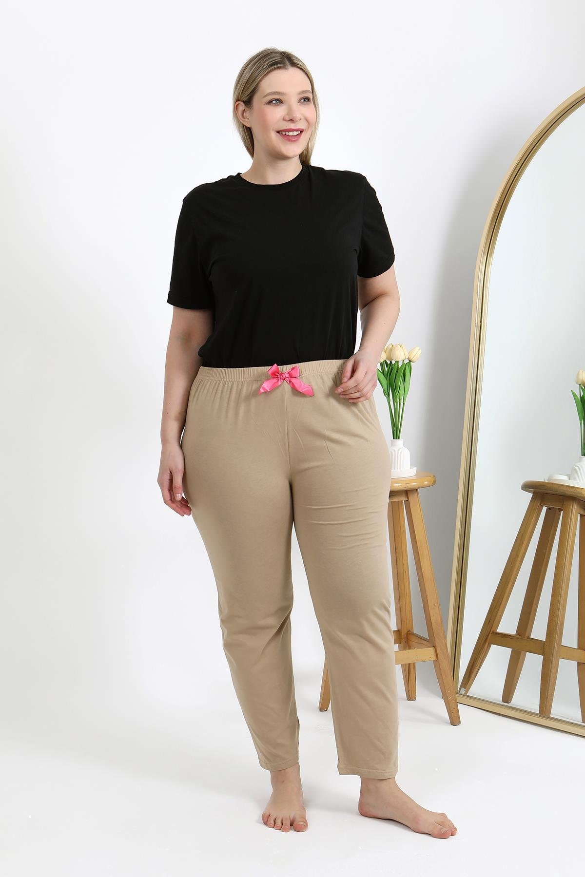 Akbeniz Kadın Pamuklu Büyük Beden Alt Pijama 27559 Bej