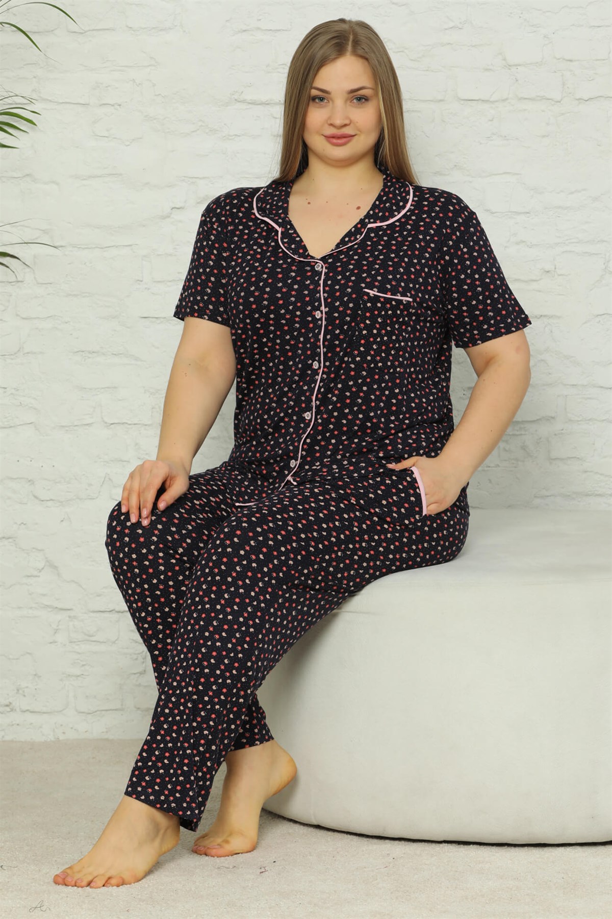 Akbeniz Kadın Pamuklu Cepli Kısa Kol Büyük Beden Pijama Takım 202074