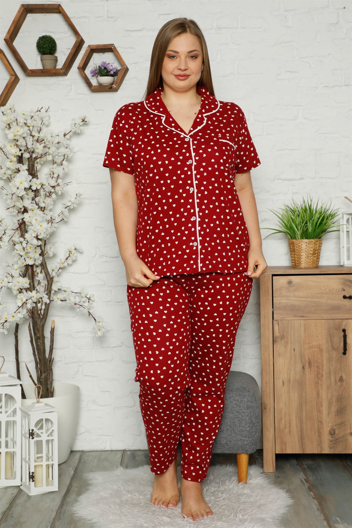 Akbeniz Kadın Pamuklu Cepli Kısa Kol Büyük Beden Pijama Takım 202061