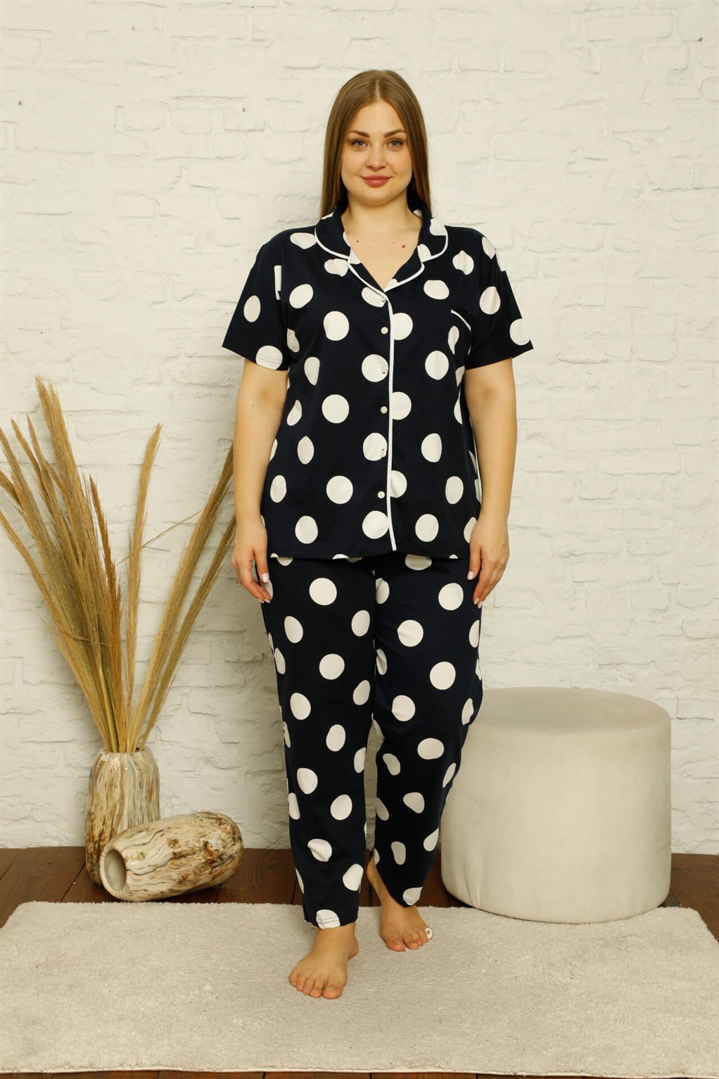 Akbeniz Kadın Pamuklu Cepli Kısa Kol Büyük Beden Pijama Takım 202123