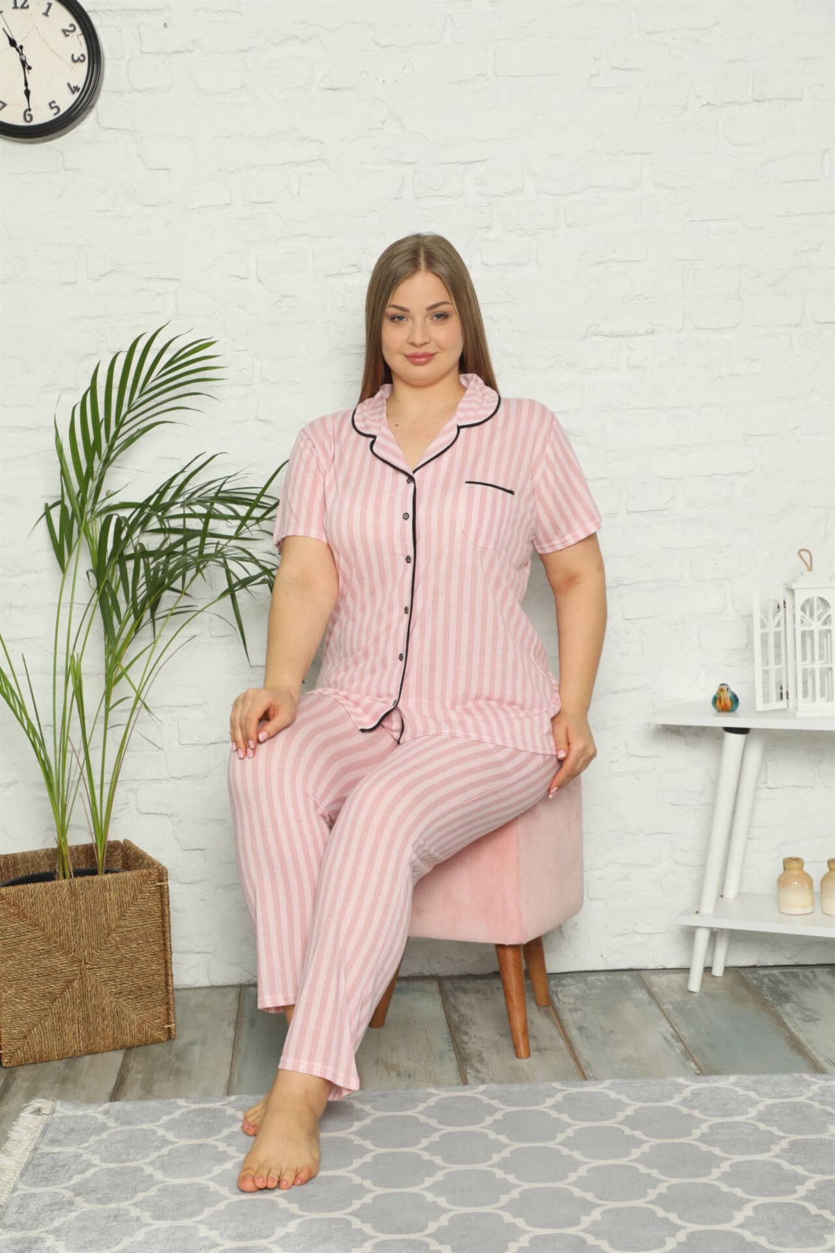 Akbeniz Kadın Pamuklu Cepli Kısa Kol Büyük Beden Pijama Takım 202069