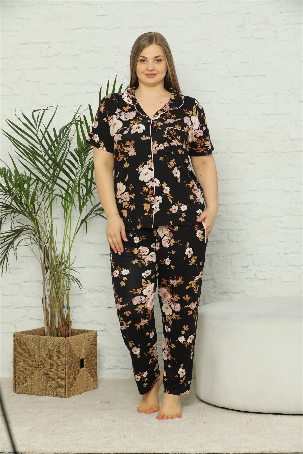 Akbeniz Kadın Pamuklu Cepli Kısa Kol Büyük Beden Pijama Takım 202076
