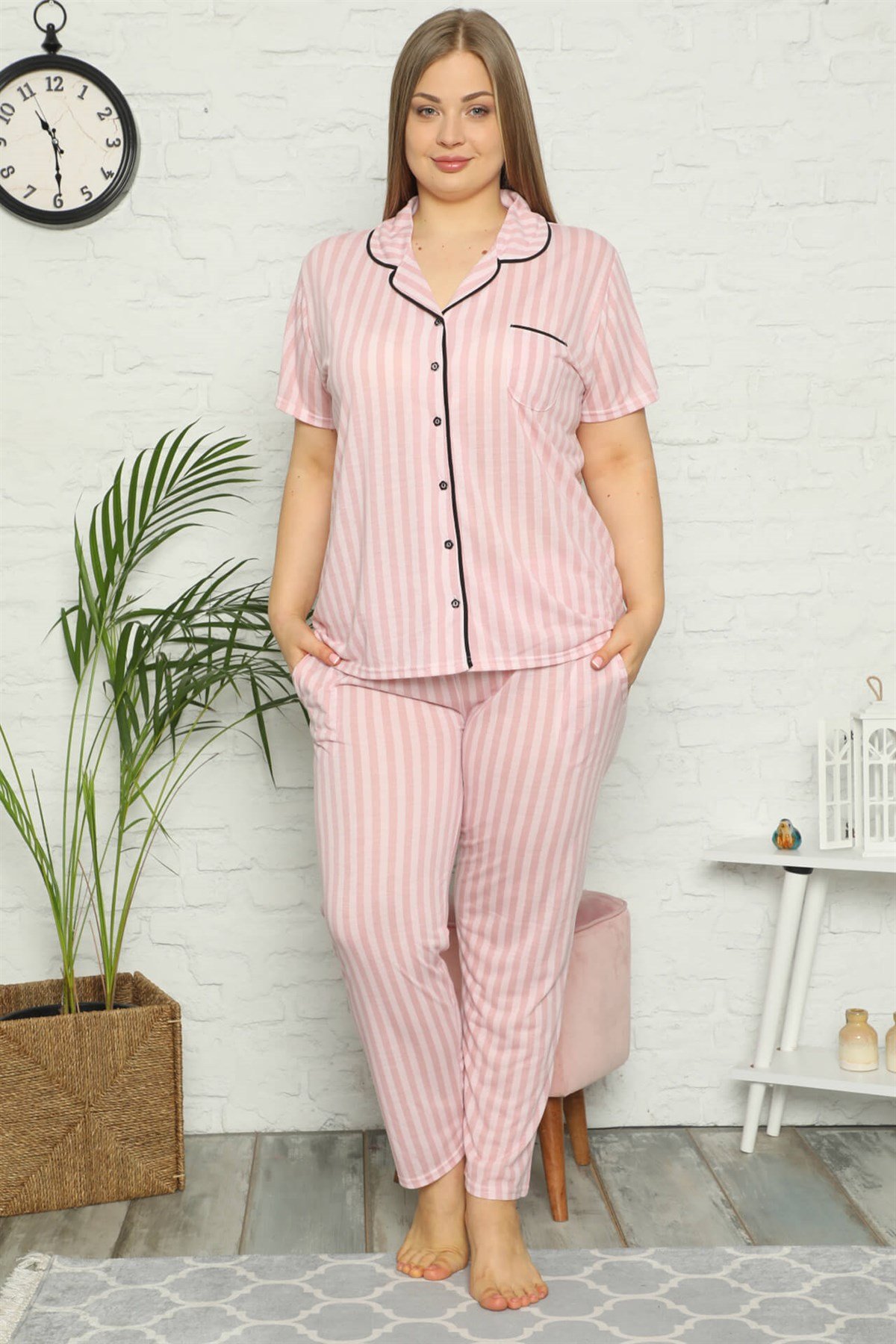 Akbeniz Kadın Pamuklu Cepli Kısa Kol Büyük Beden Pijama Takım 202069