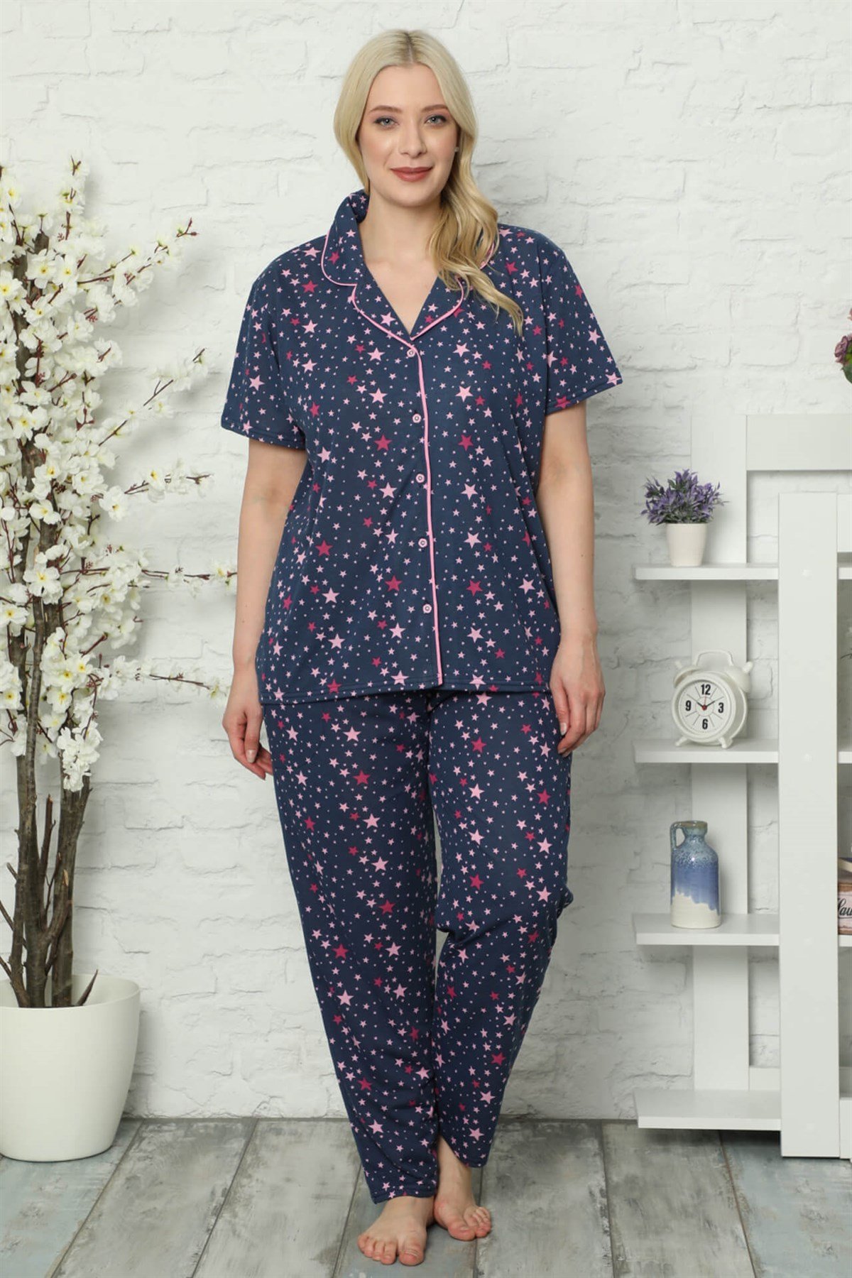 Akbeniz Kadın Pamuklu Cepli Kısa Kol Büyük Beden Pijama Takım 202030