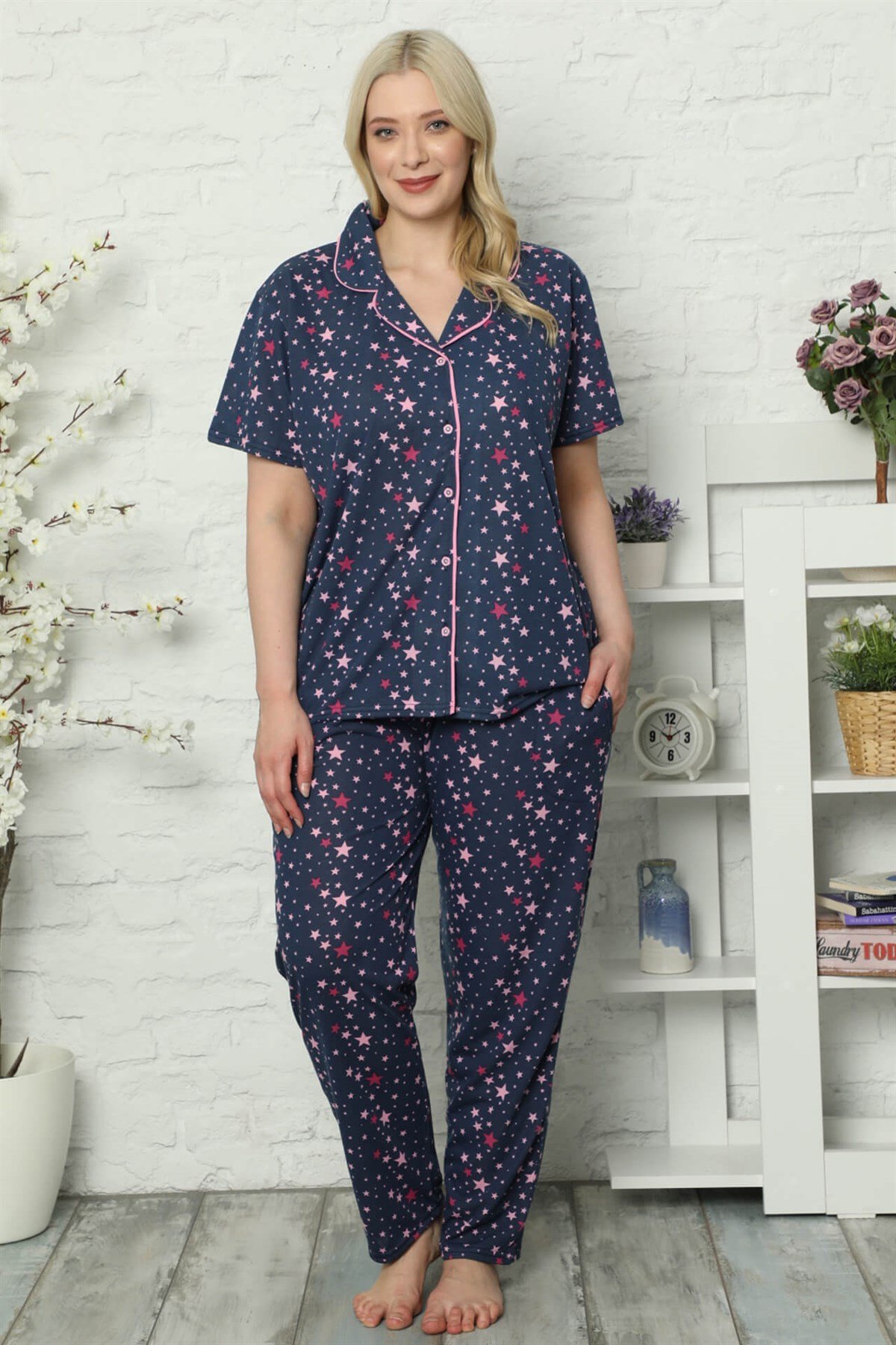 Akbeniz Kadın Pamuklu Cepli Kısa Kol Büyük Beden Pijama Takım 202030