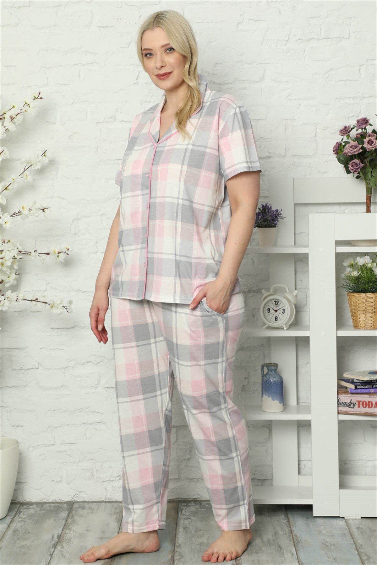 Akbeniz Kadın Pamuklu Cepli Kısa Kol Büyük Beden Pijama Takım 202031