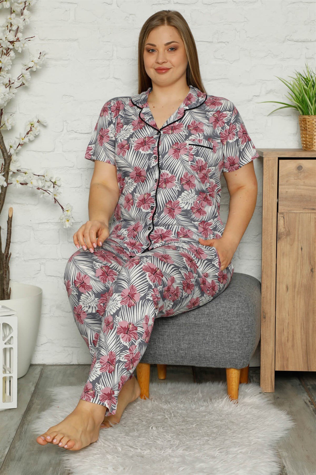 Akbeniz Kadın Pamuklu Cepli Uzun Kol Büyük Beden Pijama Takım 202058