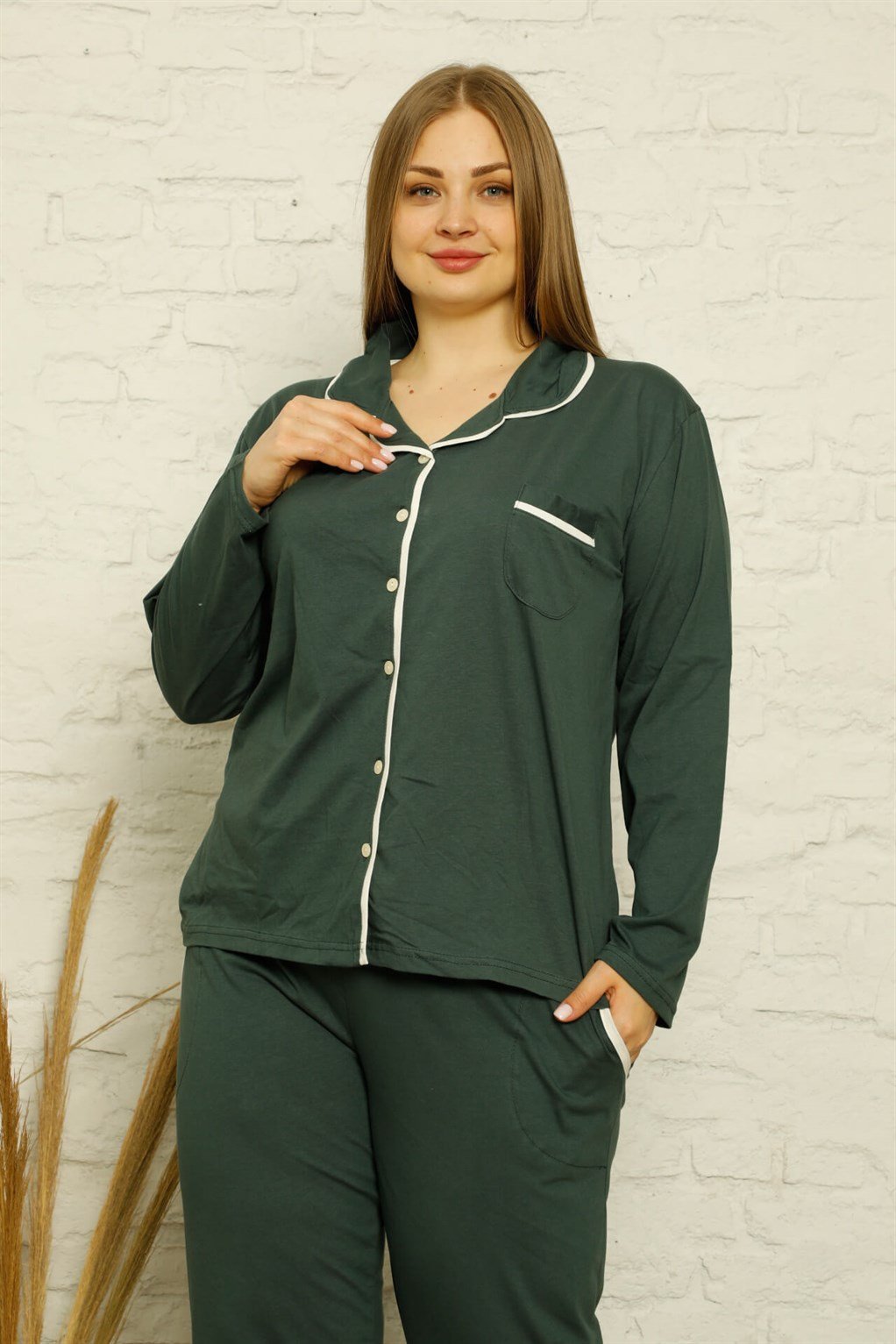 Akbeniz Kadın Pamuklu Cepli Uzun Kol Büyük Beden Pijama Takım 202129