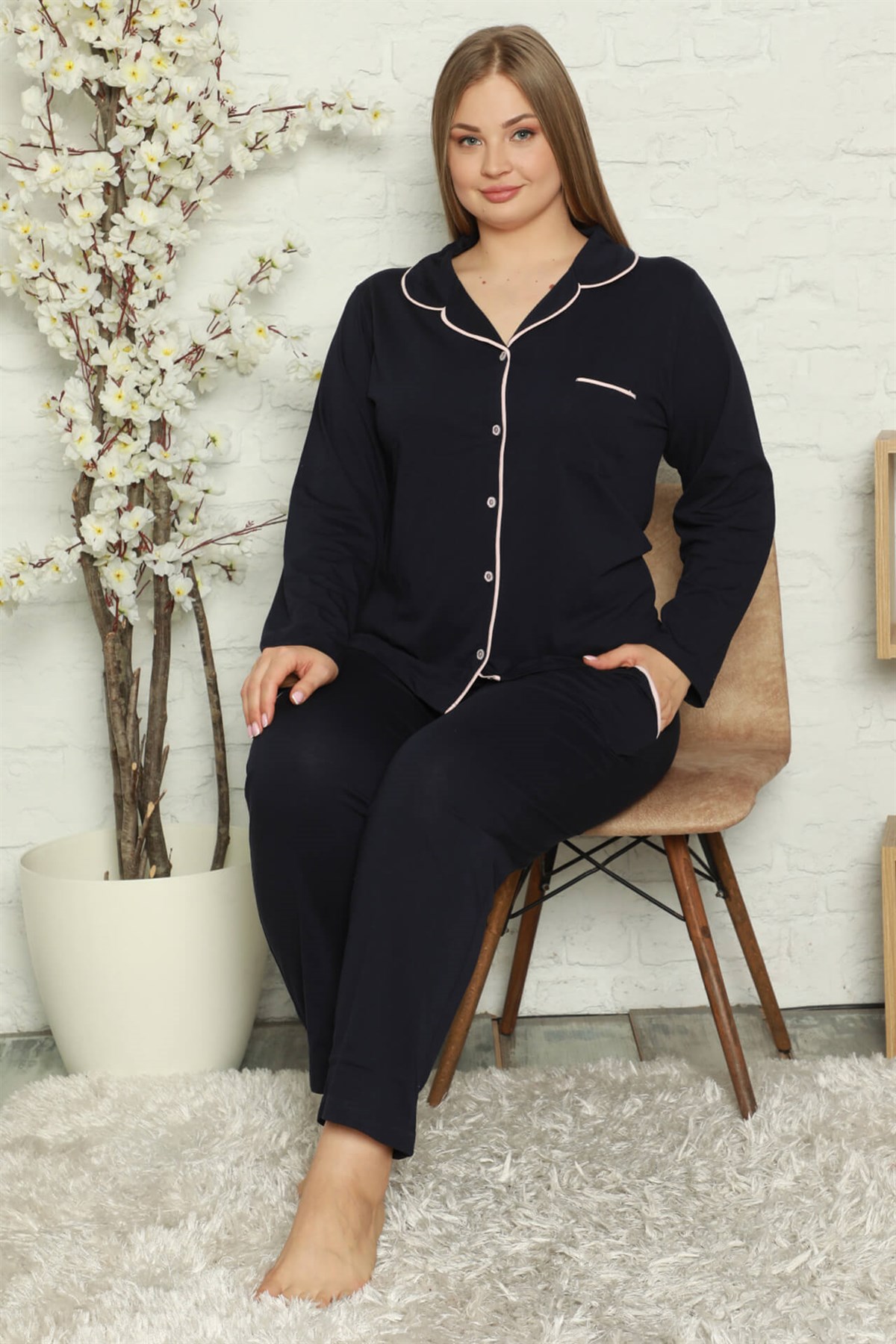 Akbeniz Kadın Pamuklu Cepli Uzun Kol Büyük Beden Pijama Takım 202052