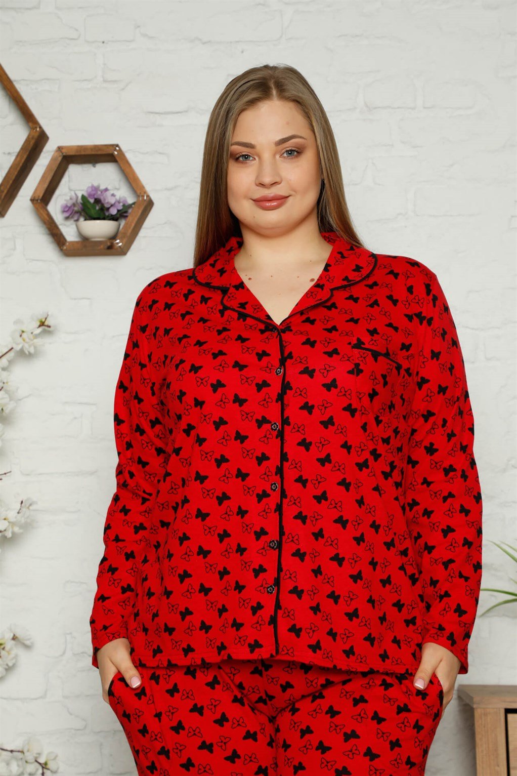 Akbeniz Kadın Pamuklu Cepli Uzun Kol Büyük Beden Pijama Takım 202097