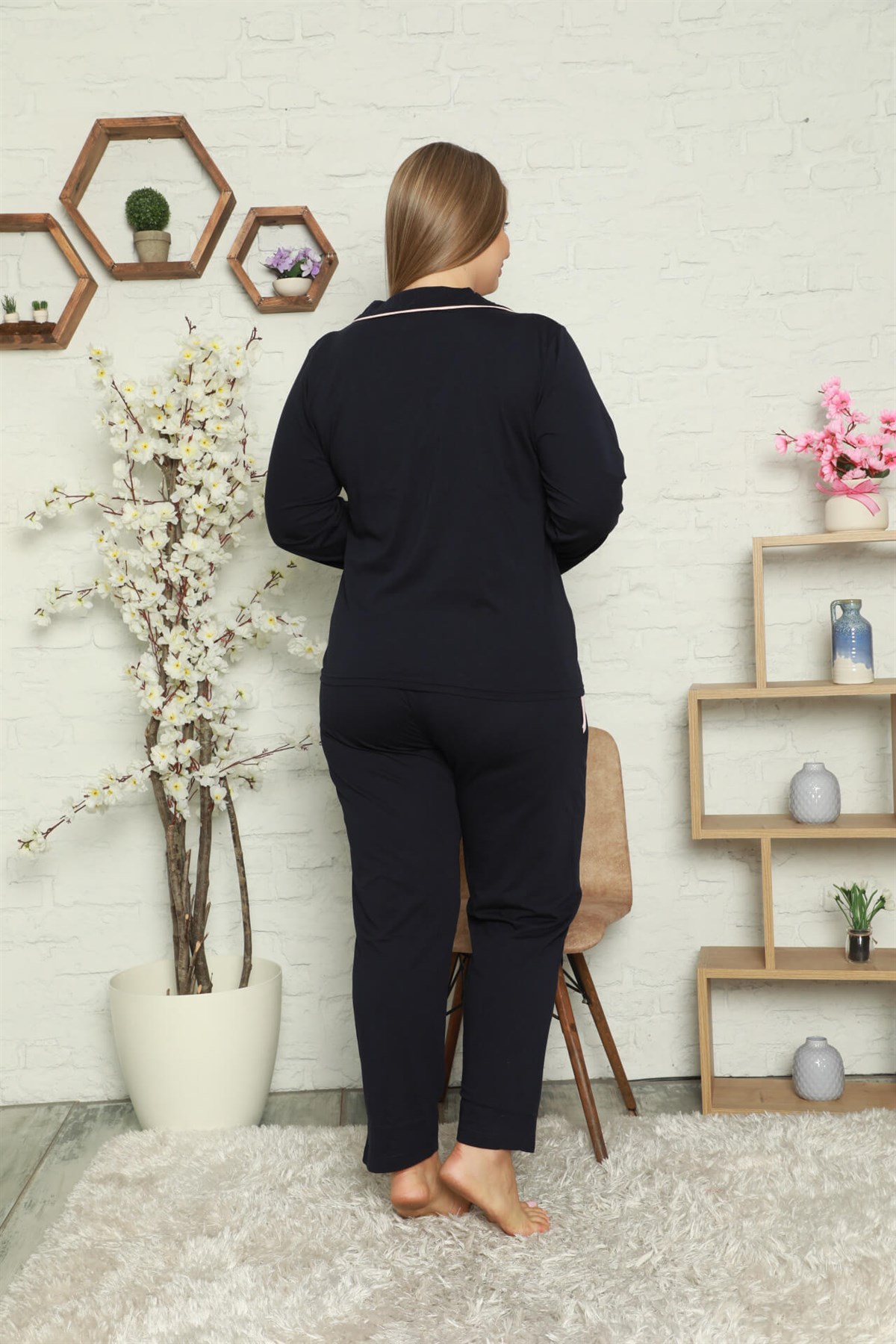 Akbeniz Kadın Pamuklu Cepli Uzun Kol Büyük Beden Pijama Takım 202052