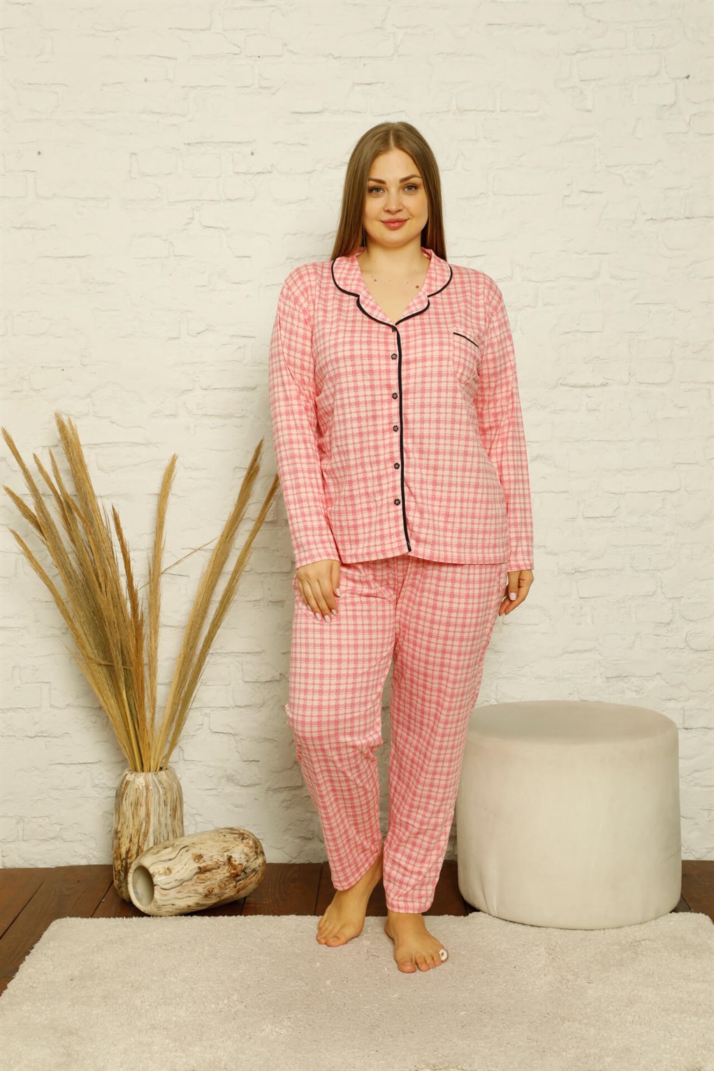 Akbeniz Kadın Pamuklu Cepli Uzun Kol Büyük Beden Pijama Takım 202130
