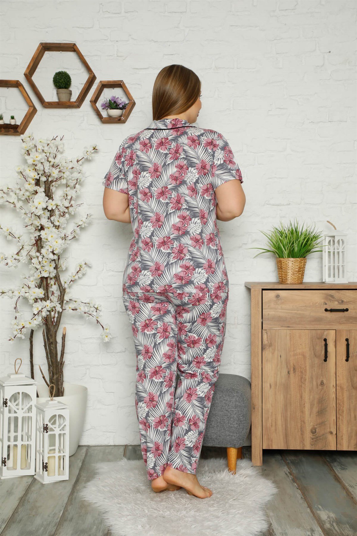 Akbeniz Kadın Pamuklu Cepli Uzun Kol Büyük Beden Pijama Takım 202058