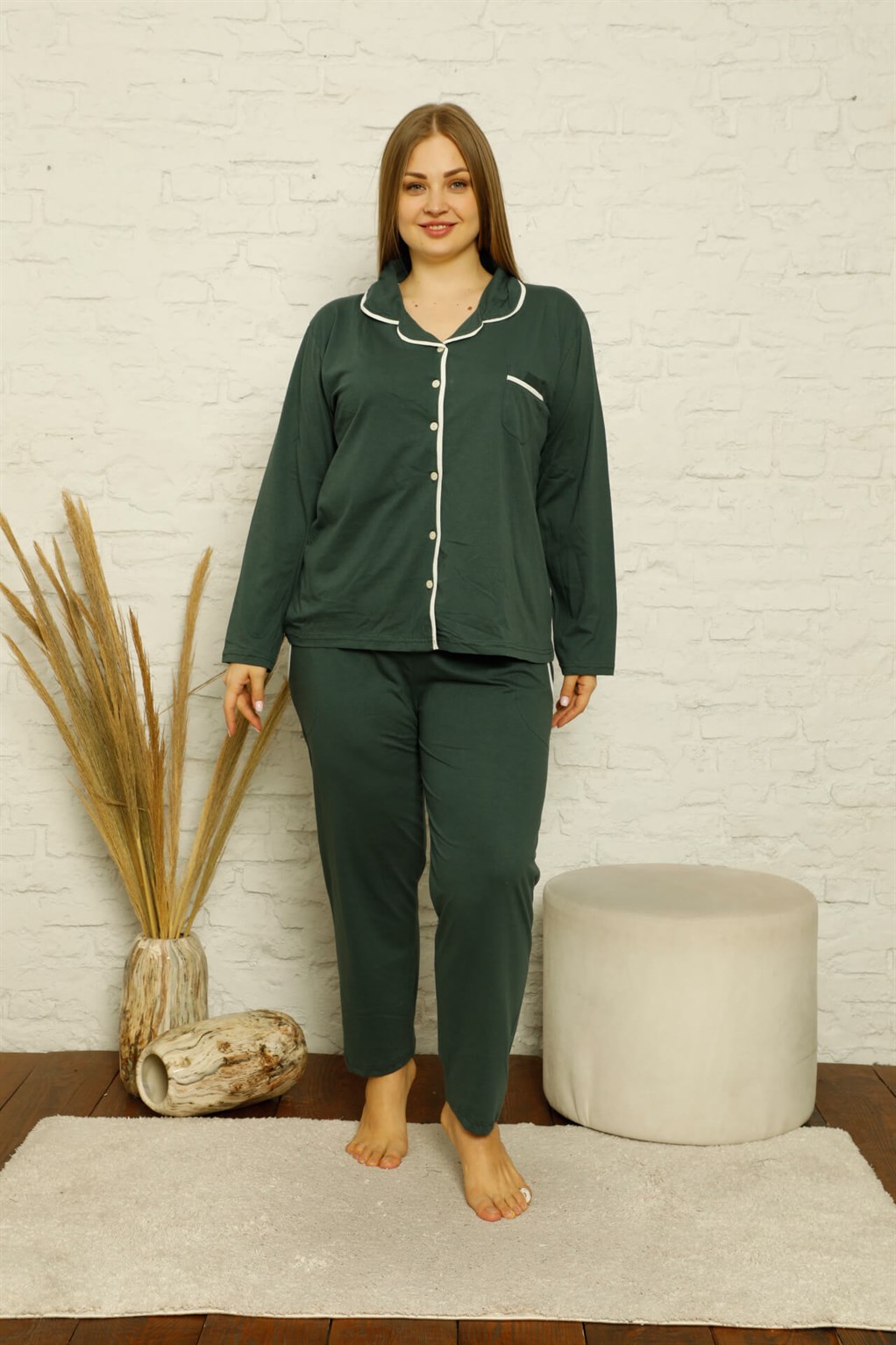 Akbeniz Kadın Pamuklu Cepli Uzun Kol Büyük Beden Pijama Takım 202129