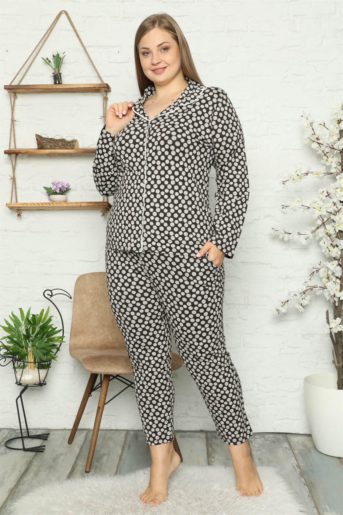 Akbeniz Kadın Pamuklu Cepli Uzun Kol Büyük Beden Pijama Takım 202045
